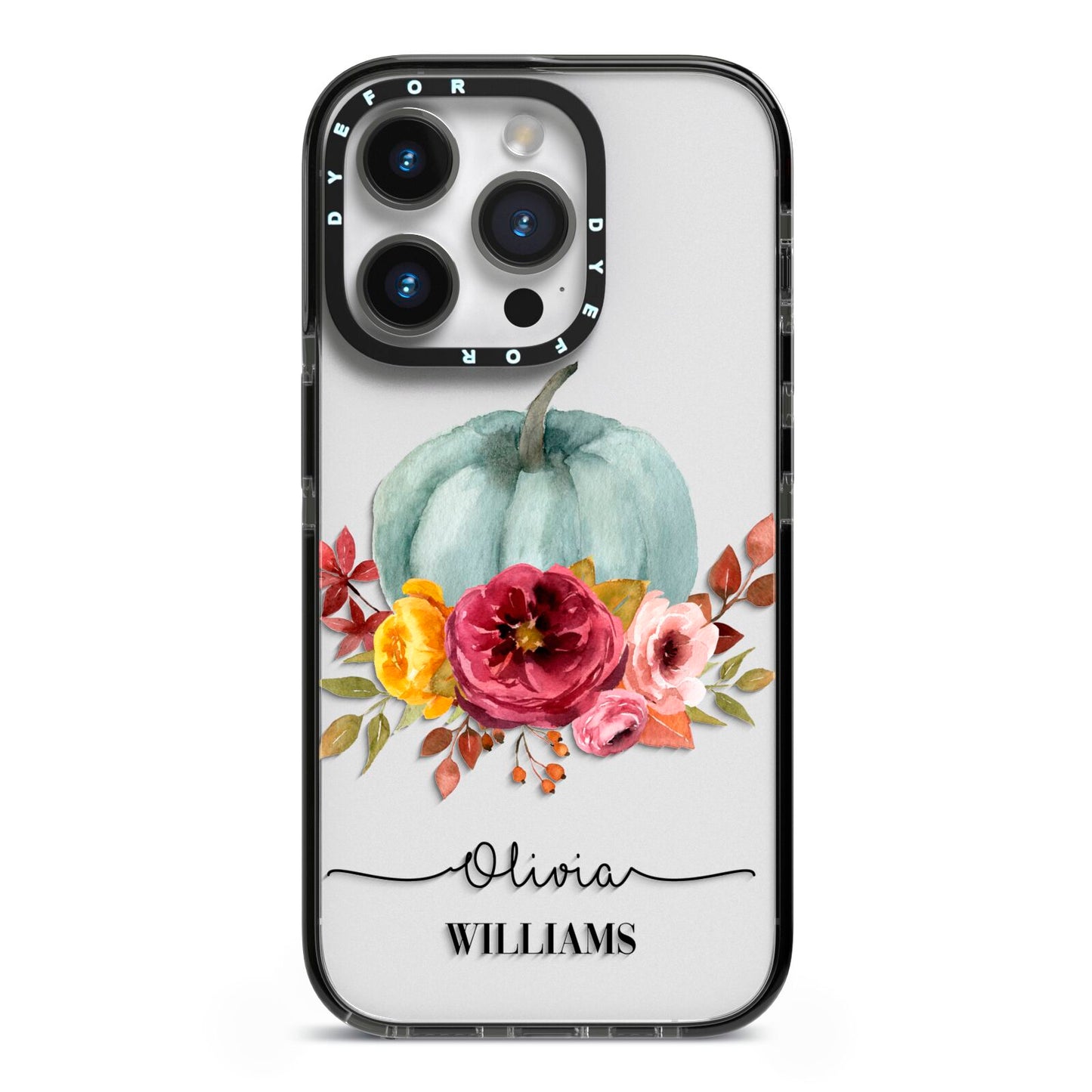 Grey Watercolour Pumpkins with Text iPhone 14 Pro Black Impact Case on Silver phone