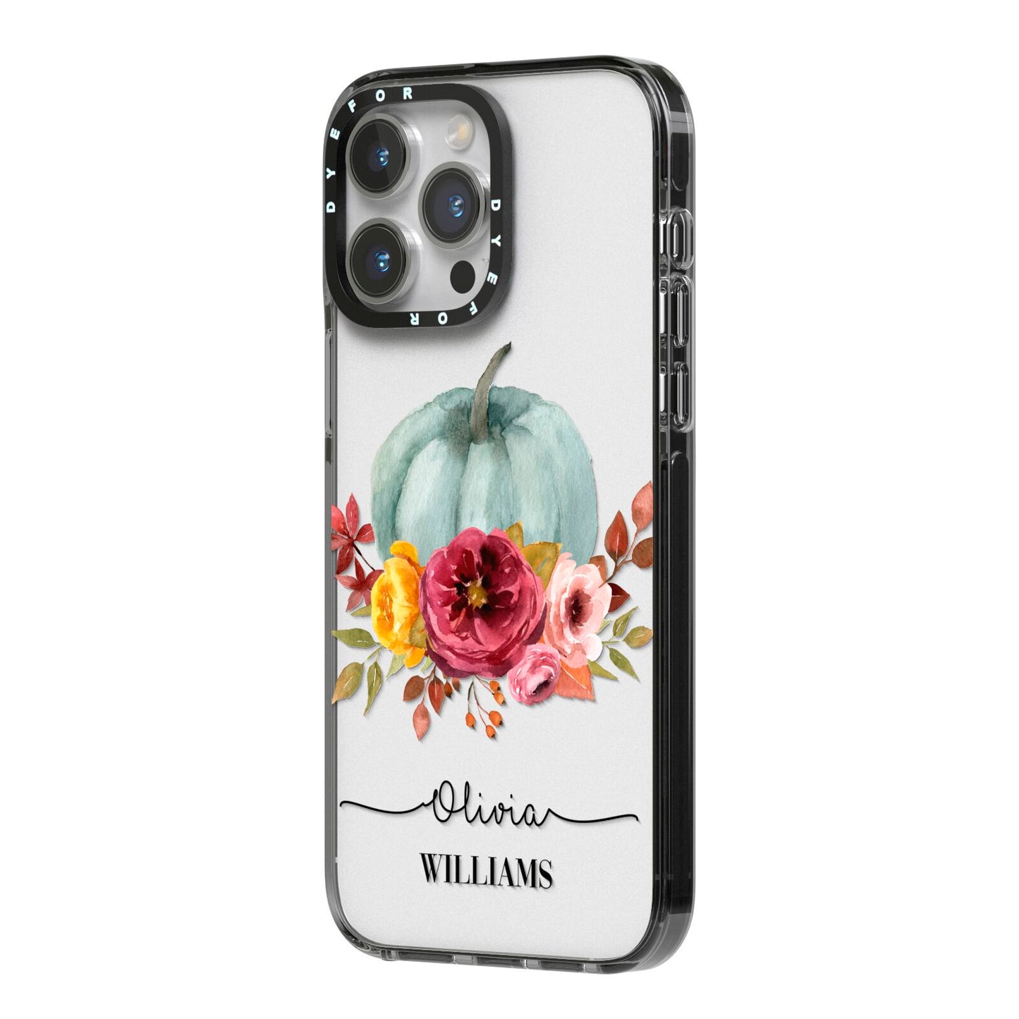 Grey Watercolour Pumpkins with Text iPhone 14 Pro Max Black Impact Case Side Angle on Silver phone