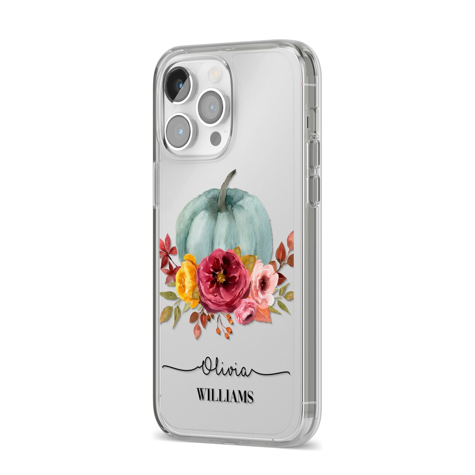 Grey Watercolour Pumpkins with Text iPhone 14 Pro Max Clear Tough Case Silver Angled Image