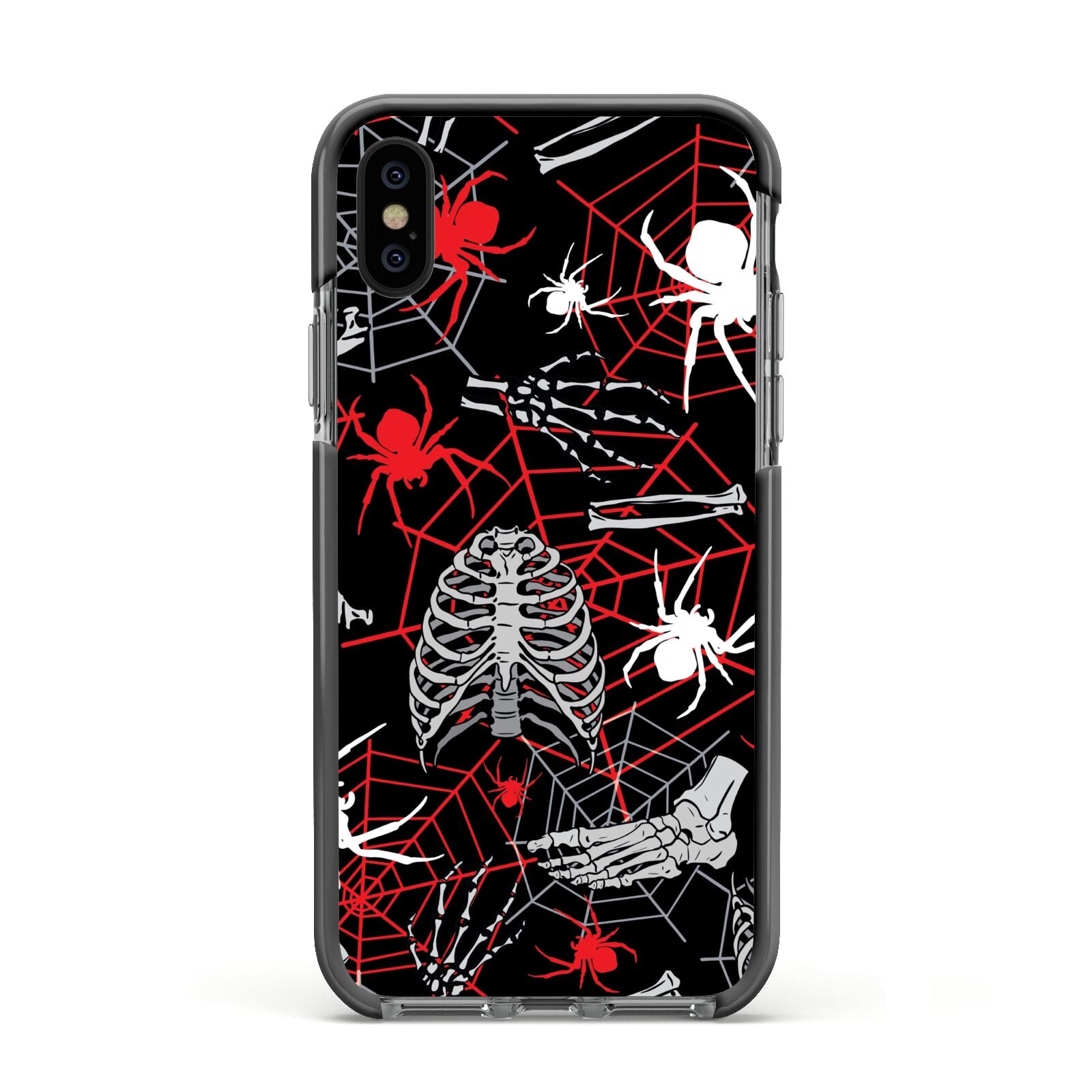 Grey and Red Cobwebs Apple iPhone Xs Impact Case Black Edge on Black Phone