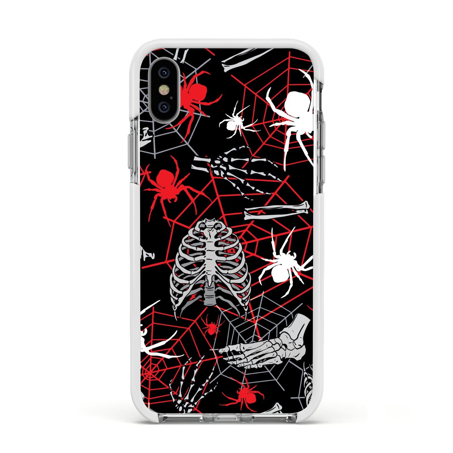 Grey and Red Cobwebs Apple iPhone Xs Impact Case White Edge on Silver Phone