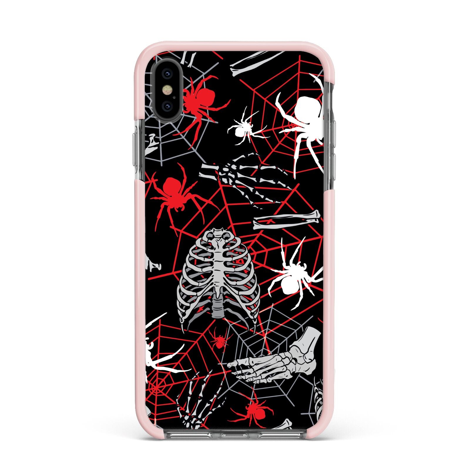 Grey and Red Cobwebs Apple iPhone Xs Max Impact Case Pink Edge on Black Phone