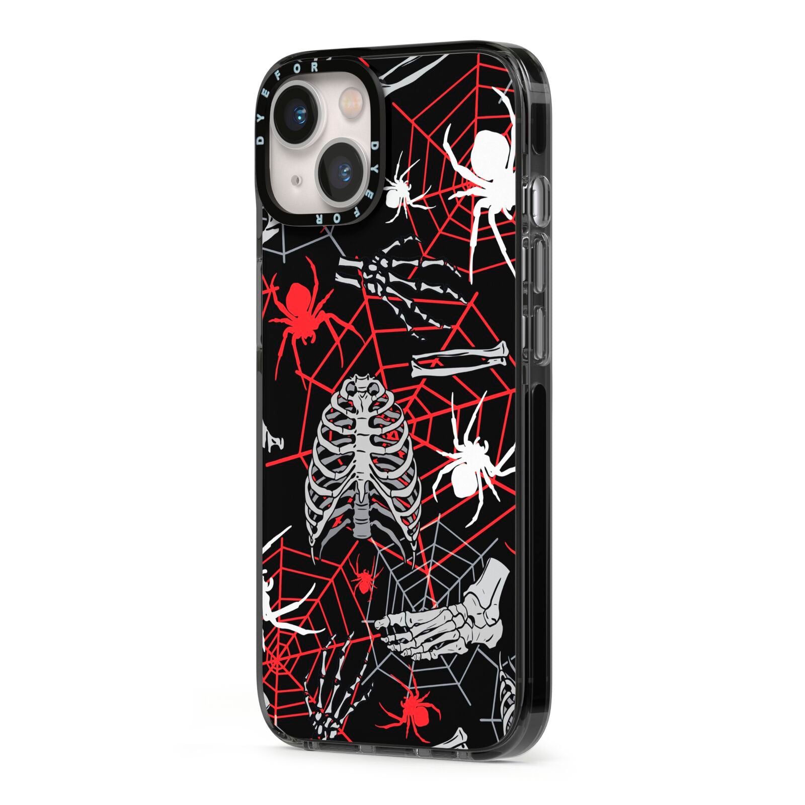 Grey and Red Cobwebs iPhone 13 Black Impact Case Side Angle on Silver phone