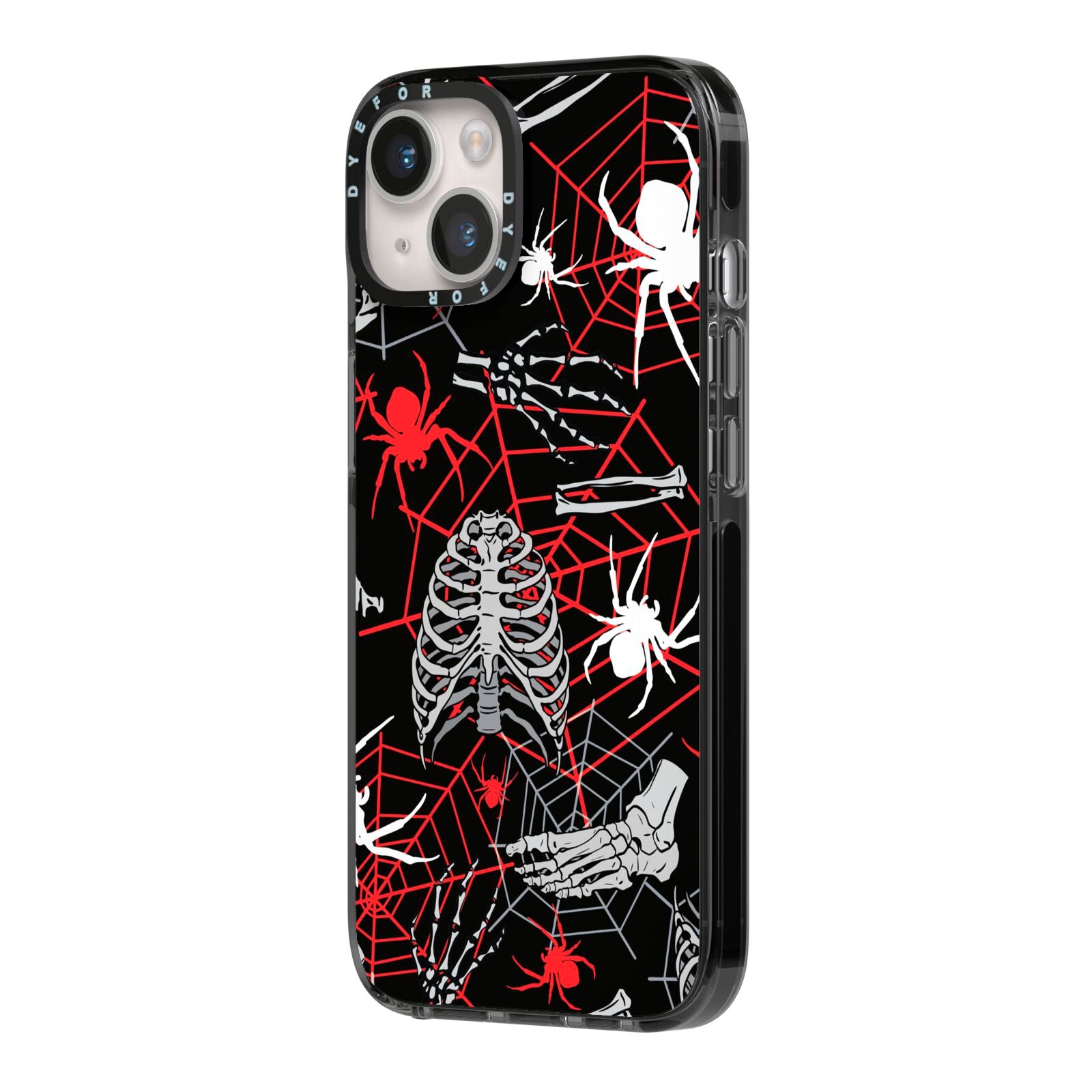 Grey and Red Cobwebs iPhone 14 Black Impact Case Side Angle on Silver phone