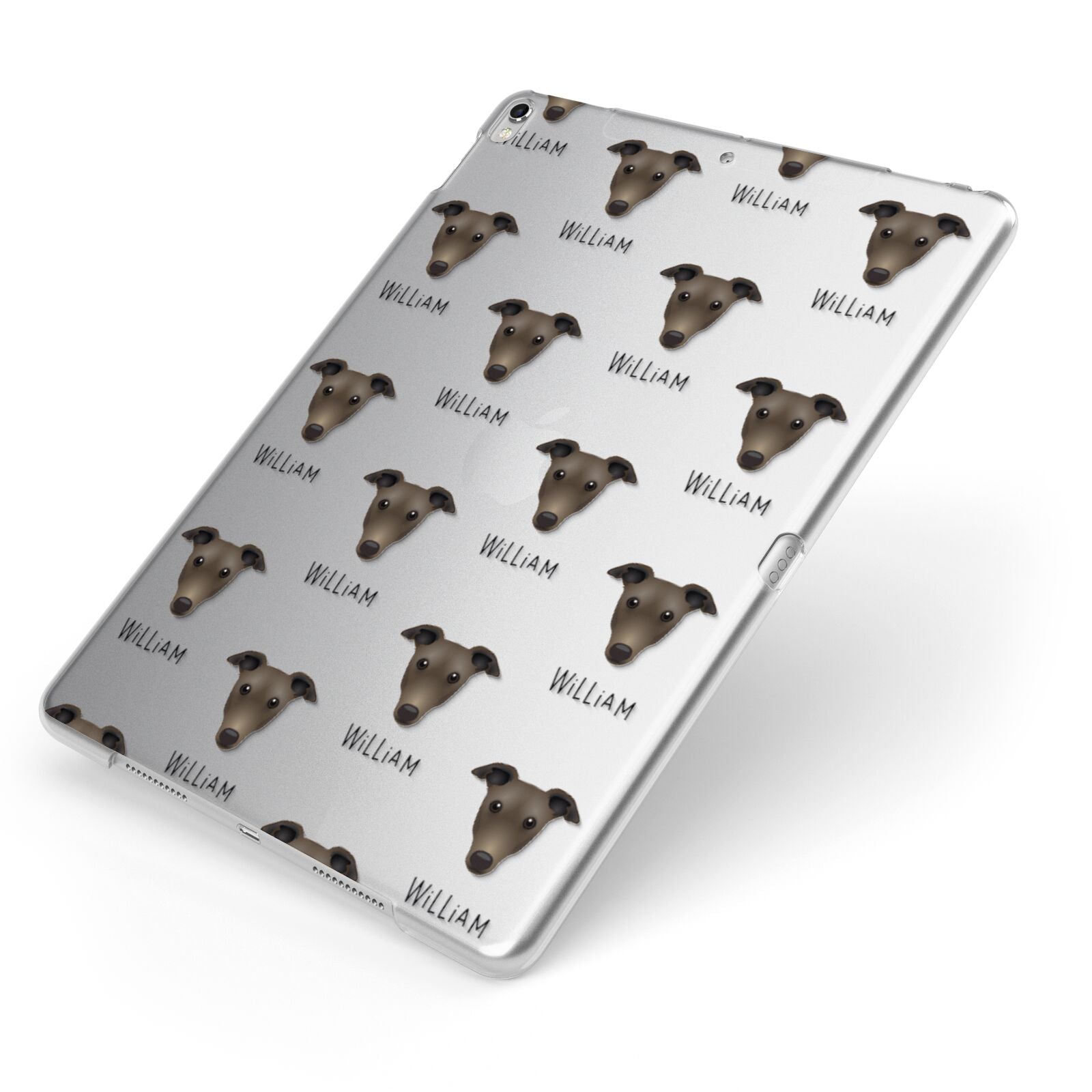 Greyhound Icon with Name Apple iPad Case on Silver iPad Side View