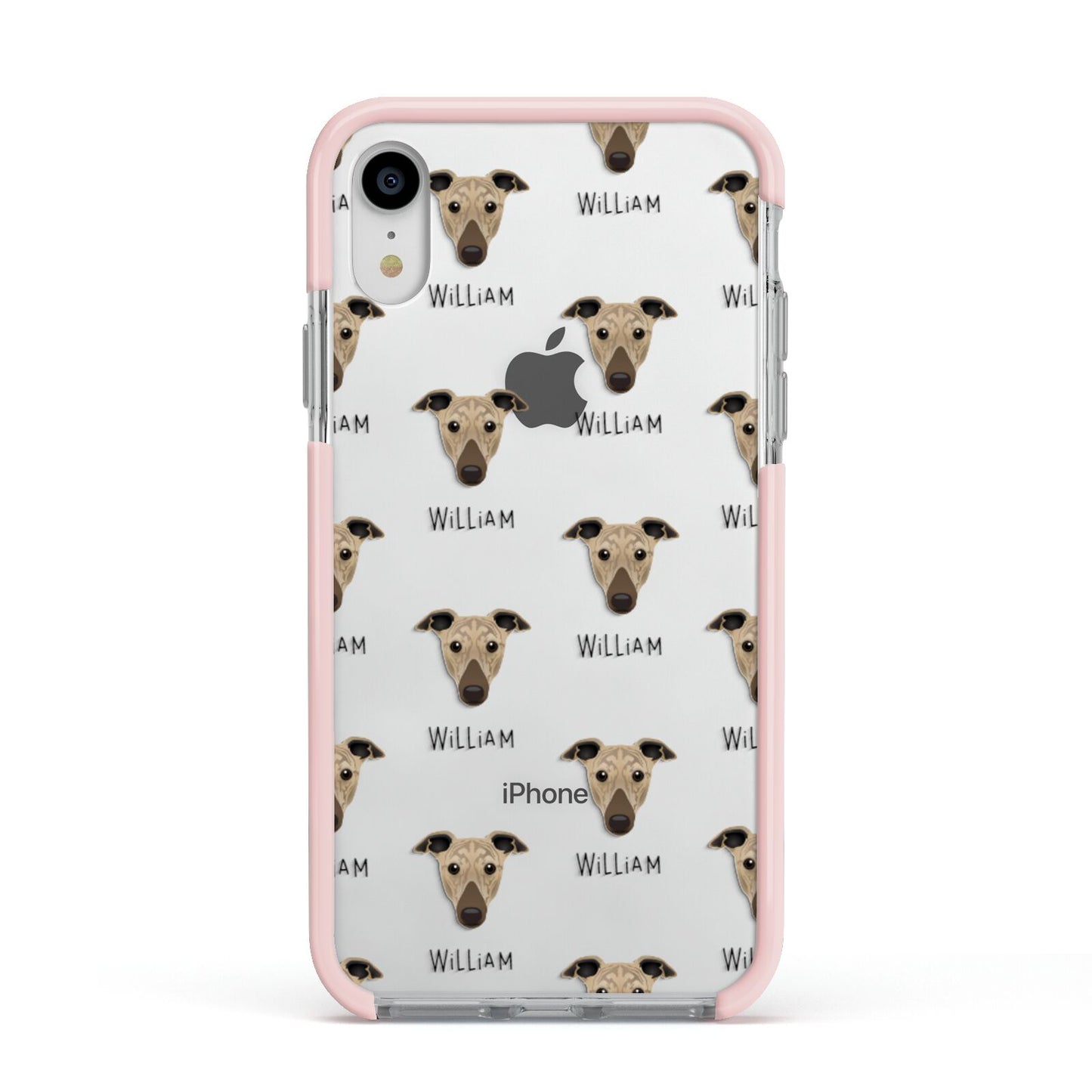 Greyhound Icon with Name Apple iPhone XR Impact Case Pink Edge on Silver Phone