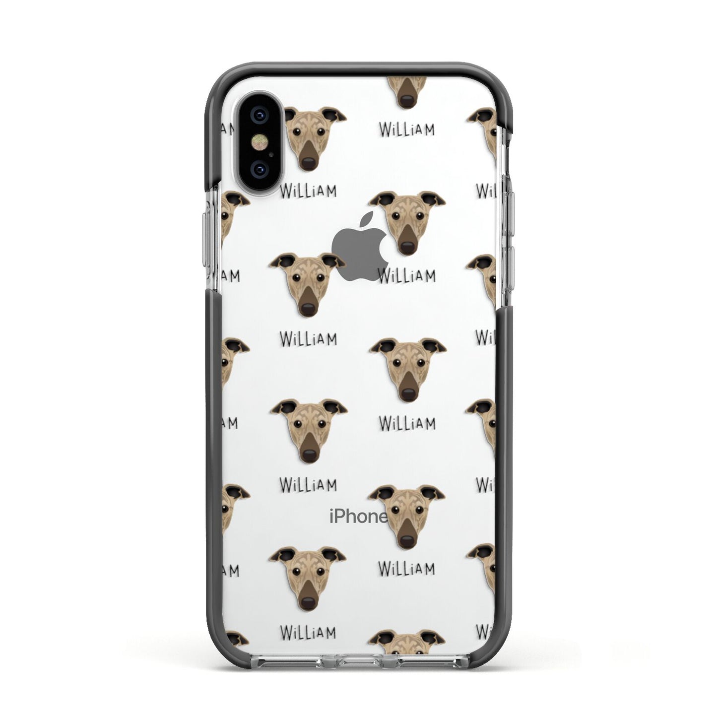 Greyhound Icon with Name Apple iPhone Xs Impact Case Black Edge on Silver Phone