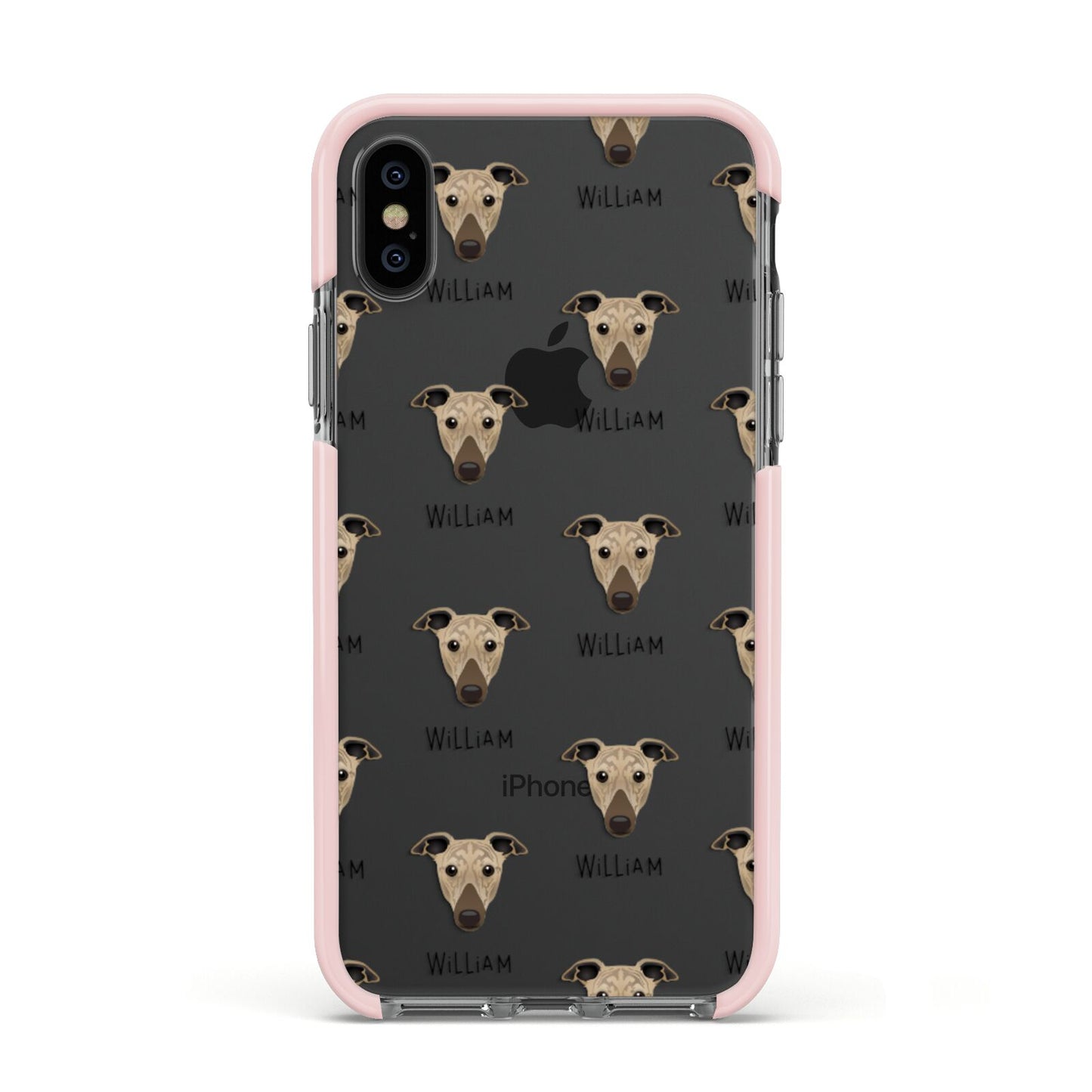 Greyhound Icon with Name Apple iPhone Xs Impact Case Pink Edge on Black Phone