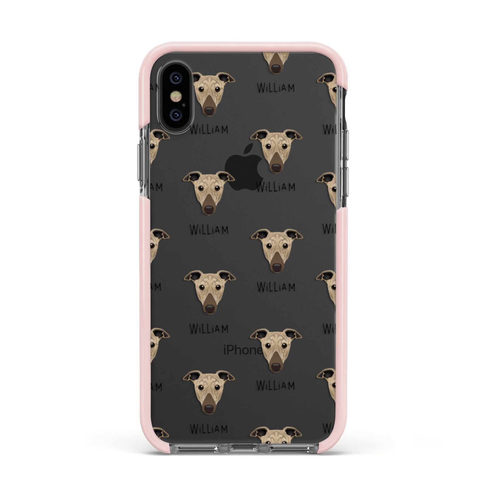 Greyhound Icon with Name Apple iPhone Xs Impact Case Pink Edge on Black Phone