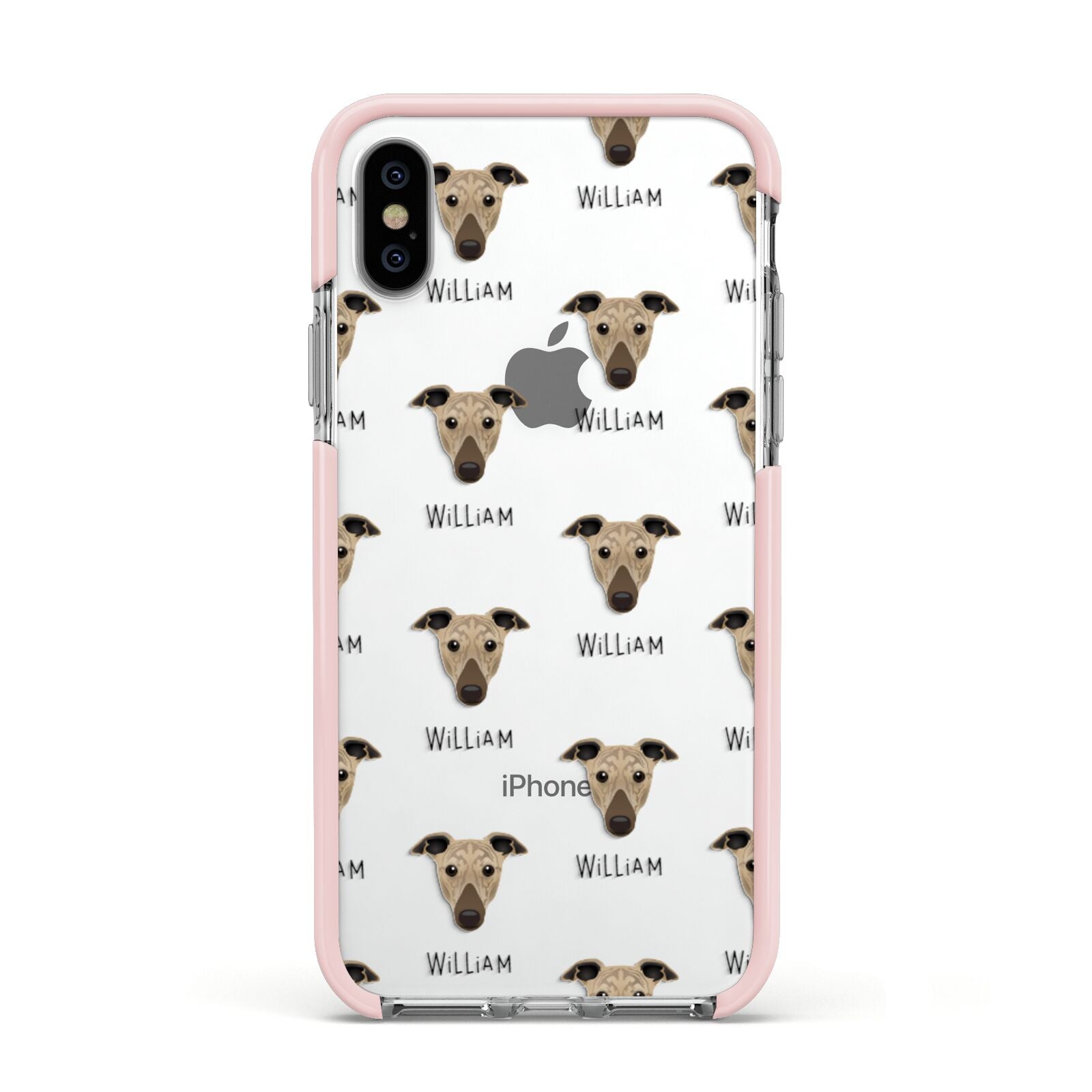 Greyhound Icon with Name Apple iPhone Xs Impact Case Pink Edge on Silver Phone