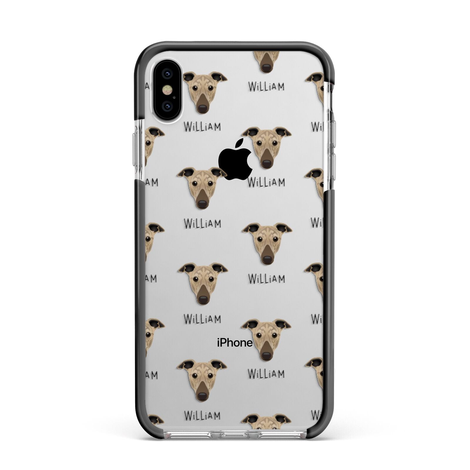 Greyhound Icon with Name Apple iPhone Xs Max Impact Case Black Edge on Silver Phone