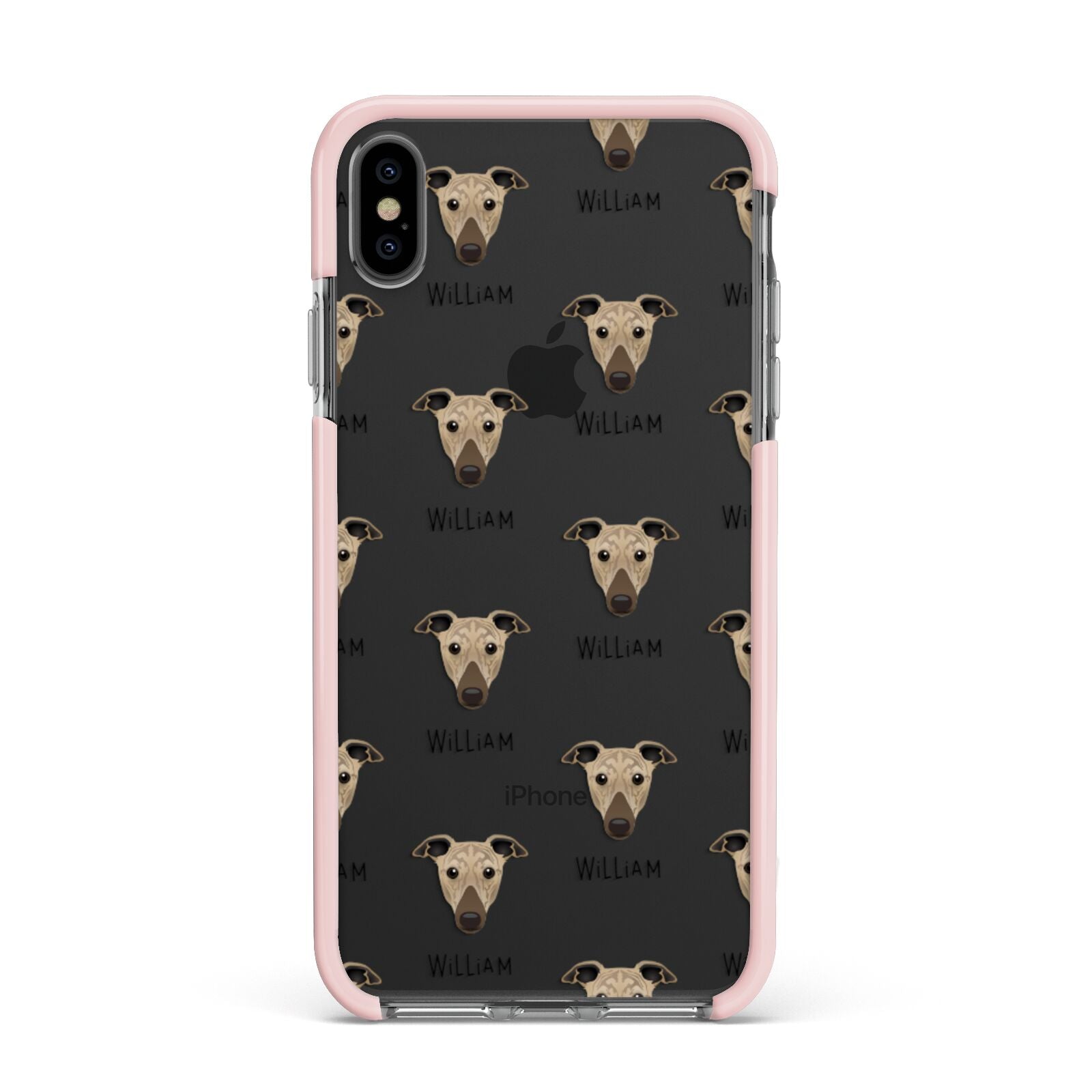 Greyhound Icon with Name Apple iPhone Xs Max Impact Case Pink Edge on Black Phone