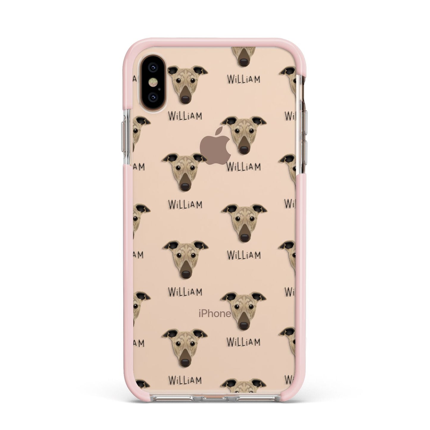 Greyhound Icon with Name Apple iPhone Xs Max Impact Case Pink Edge on Gold Phone