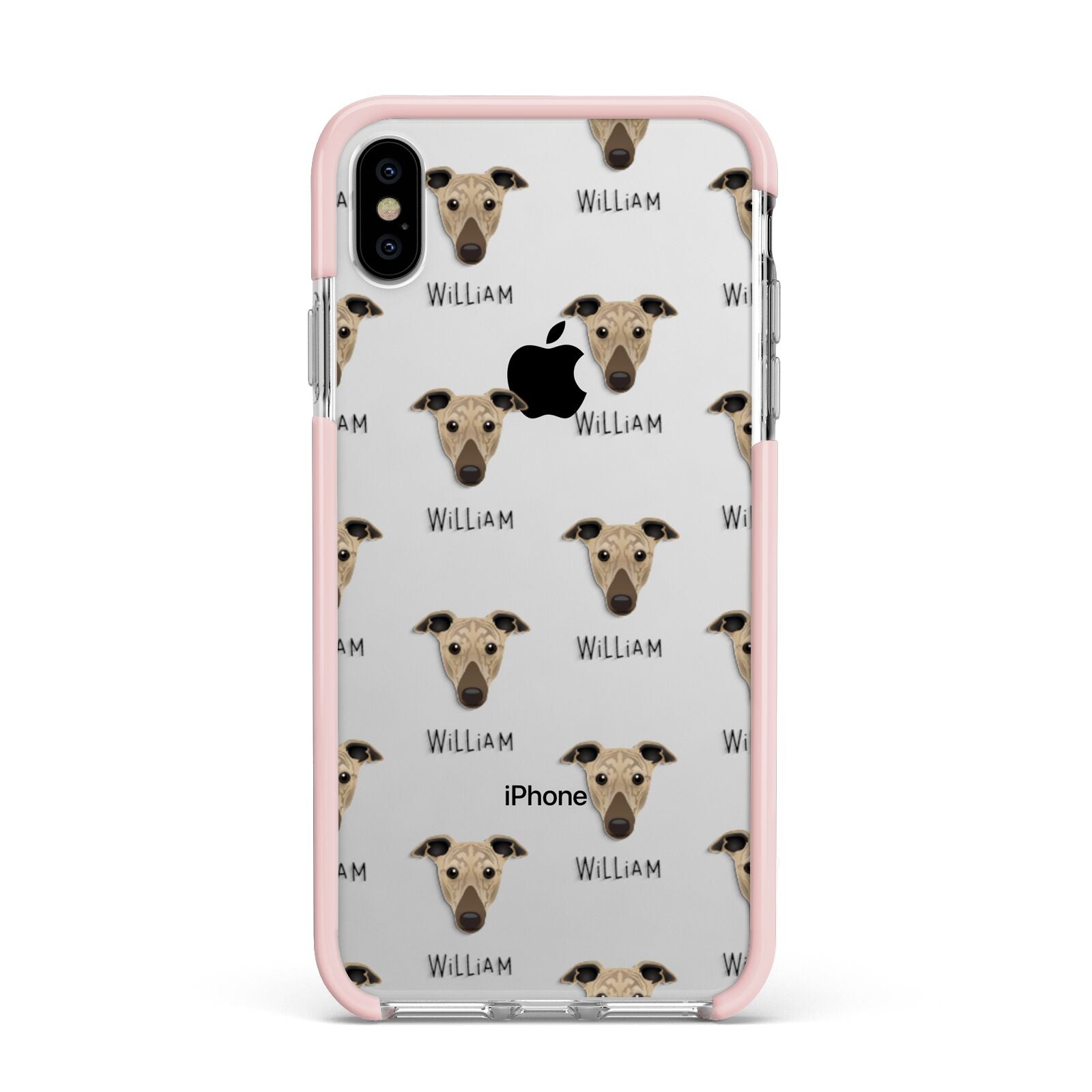 Greyhound Icon with Name Apple iPhone Xs Max Impact Case Pink Edge on Silver Phone