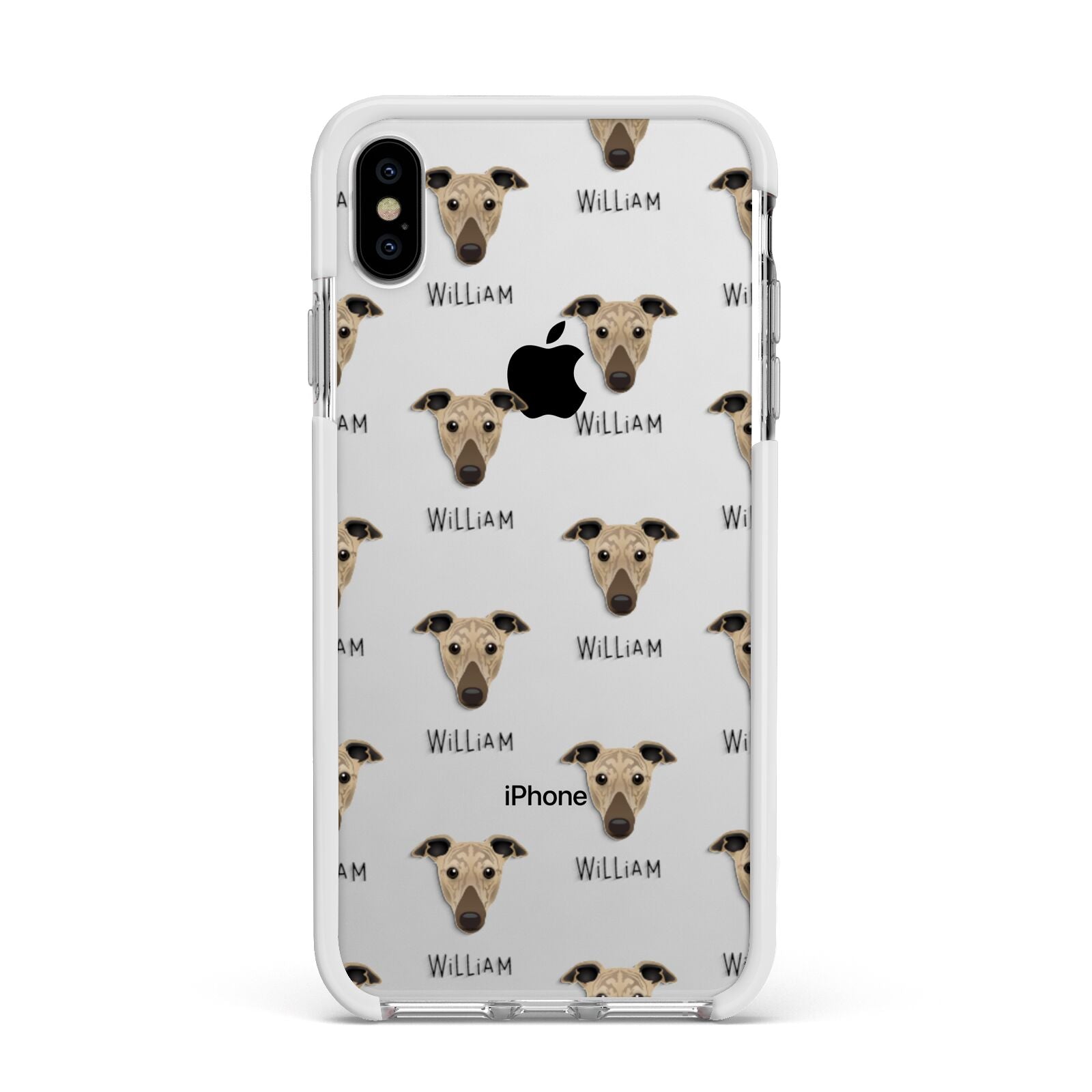 Greyhound Icon with Name Apple iPhone Xs Max Impact Case White Edge on Silver Phone