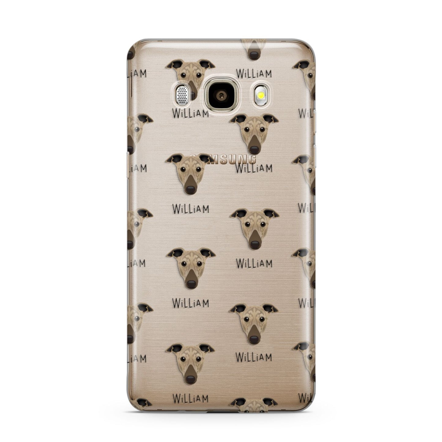 Greyhound Icon with Name Samsung Galaxy J7 2016 Case on gold phone