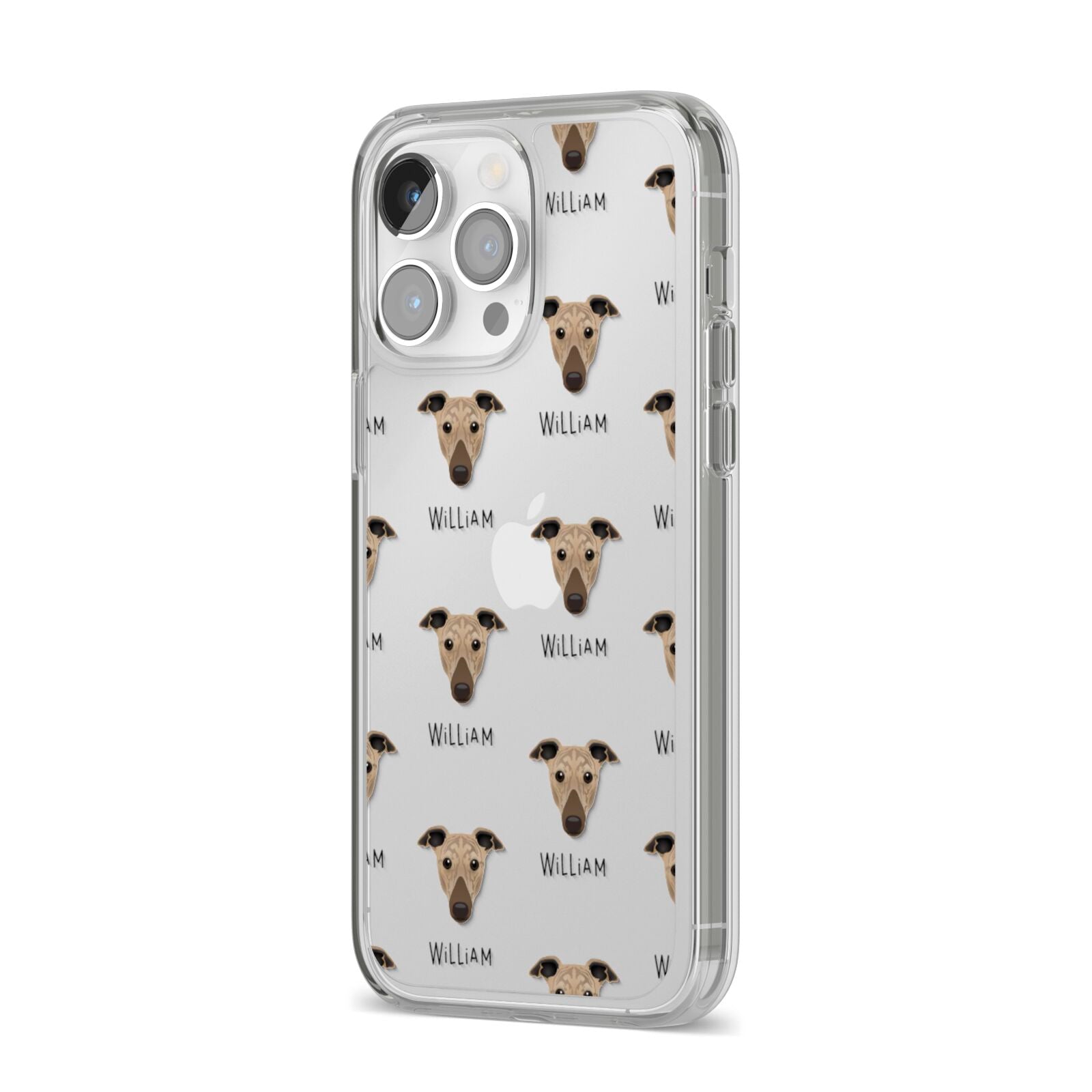 Greyhound Icon with Name iPhone 14 Pro Max Clear Tough Case Silver Angled Image