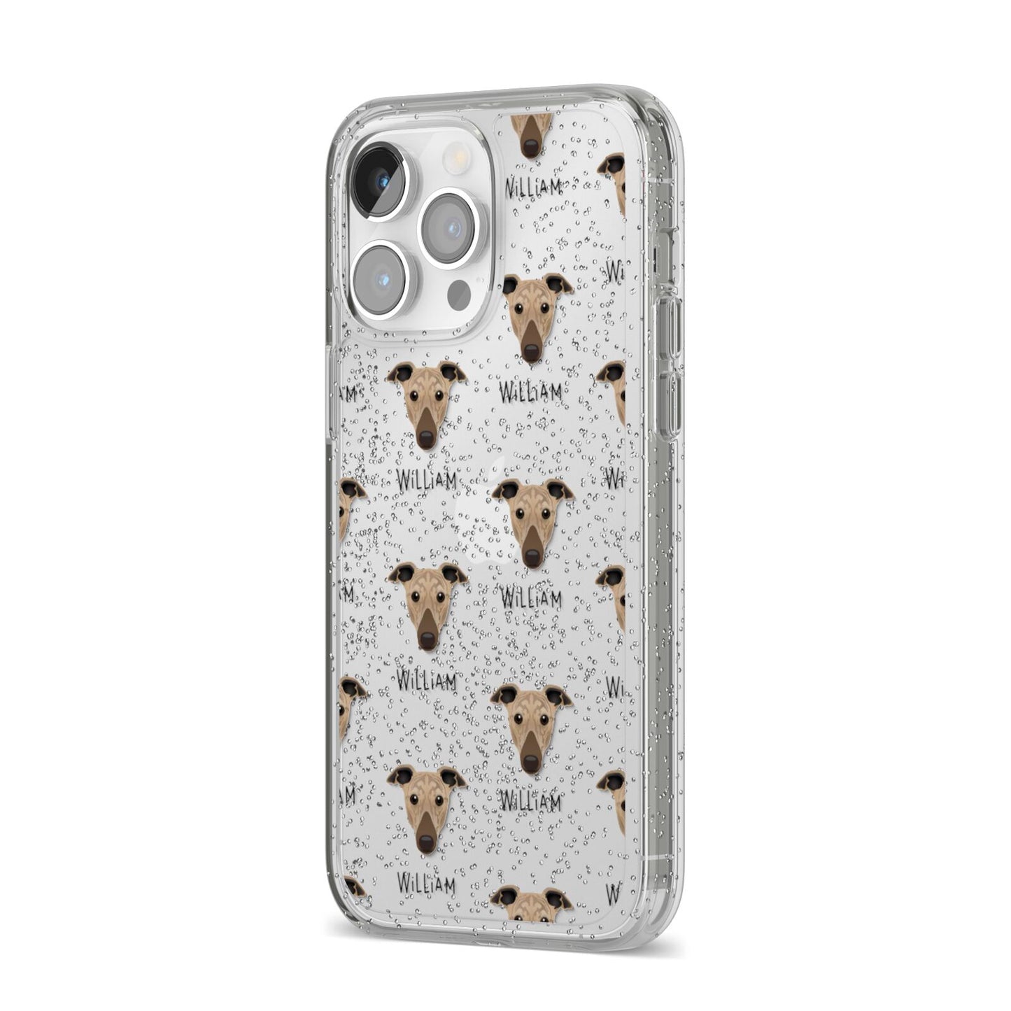 Greyhound Icon with Name iPhone 14 Pro Max Glitter Tough Case Silver Angled Image