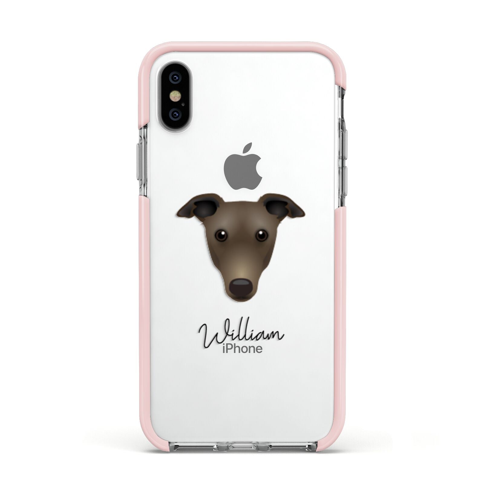 Greyhound Personalised Apple iPhone Xs Impact Case Pink Edge on Silver Phone