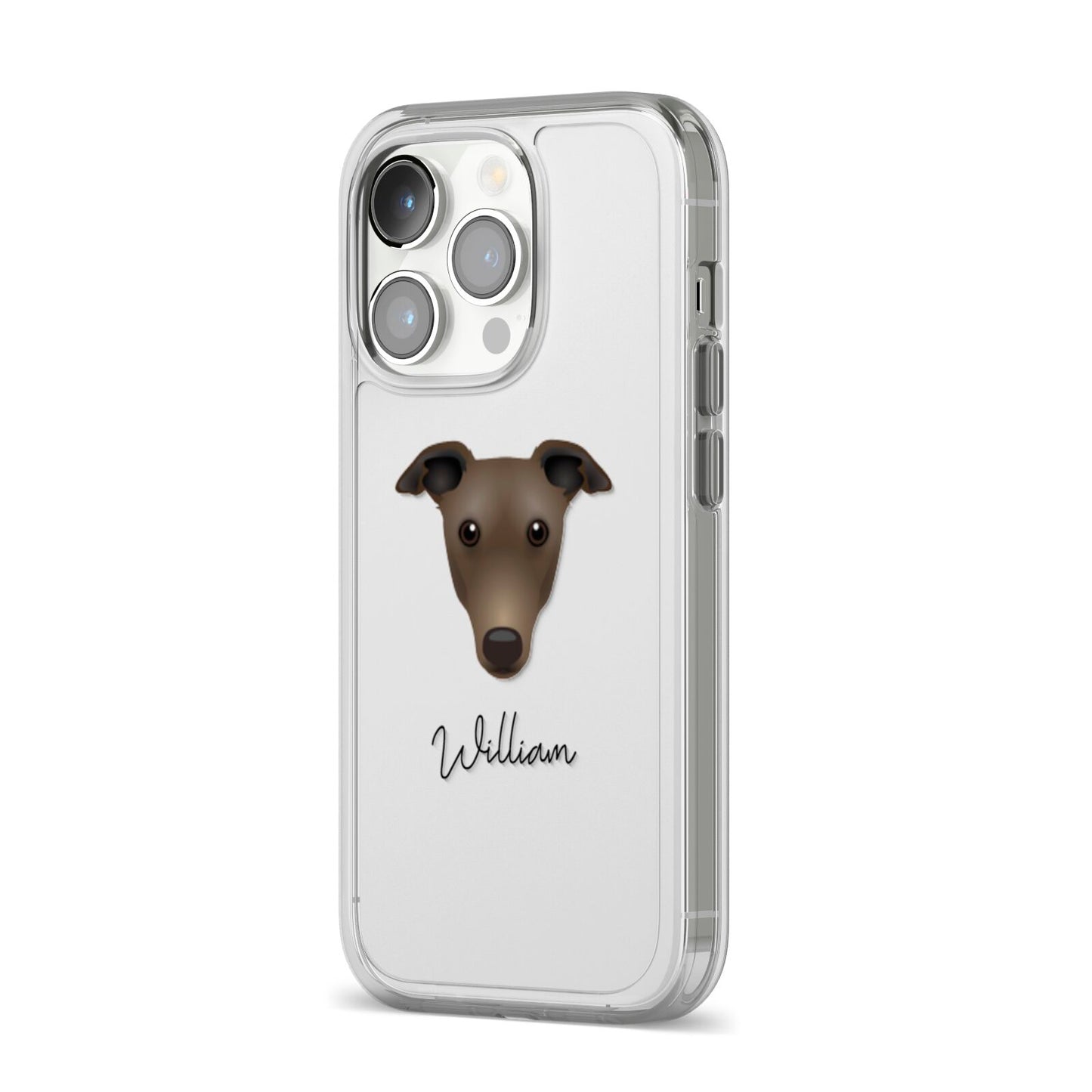 Greyhound Personalised iPhone 14 Pro Clear Tough Case Silver Angled Image