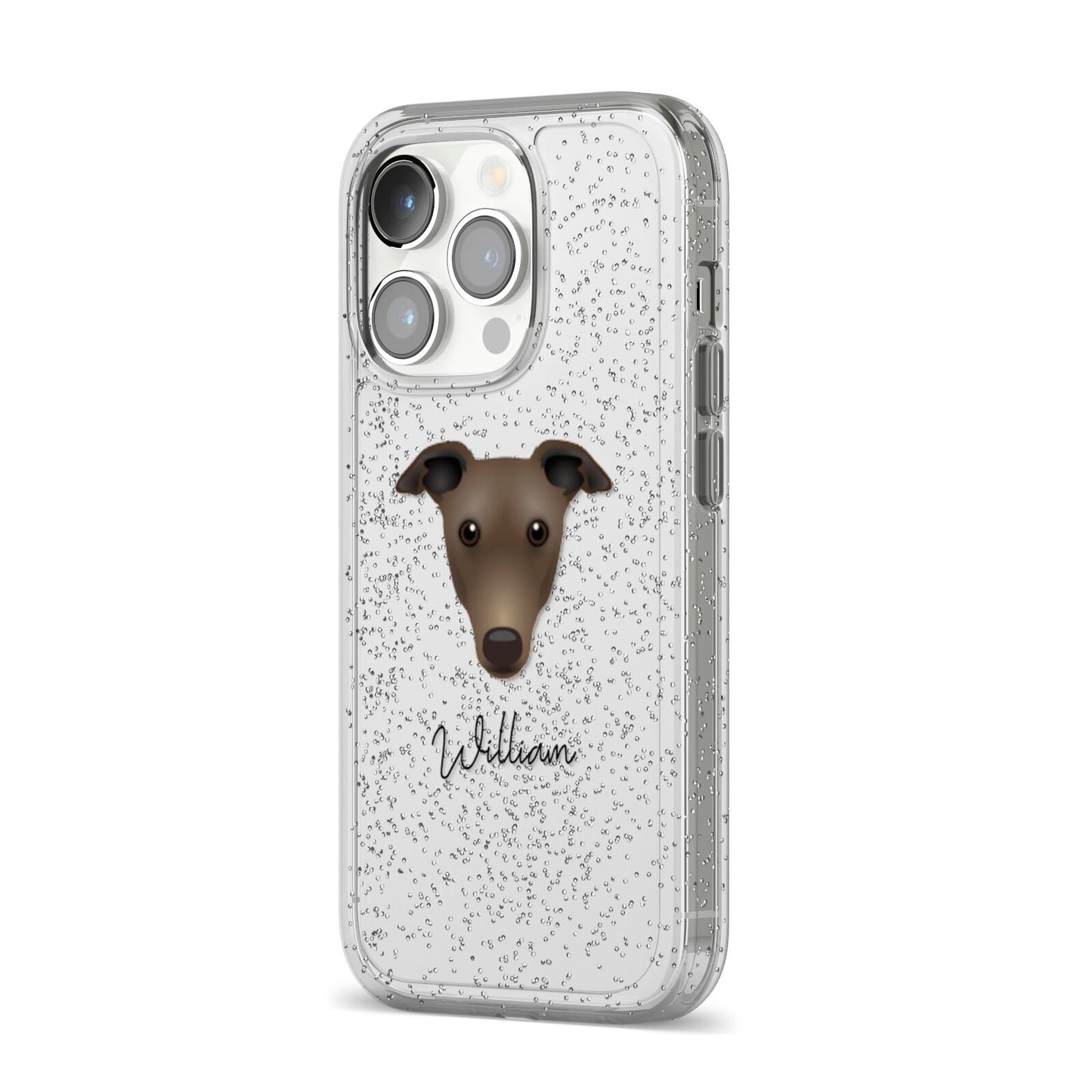Greyhound Personalised iPhone 14 Pro Glitter Tough Case Silver Angled Image