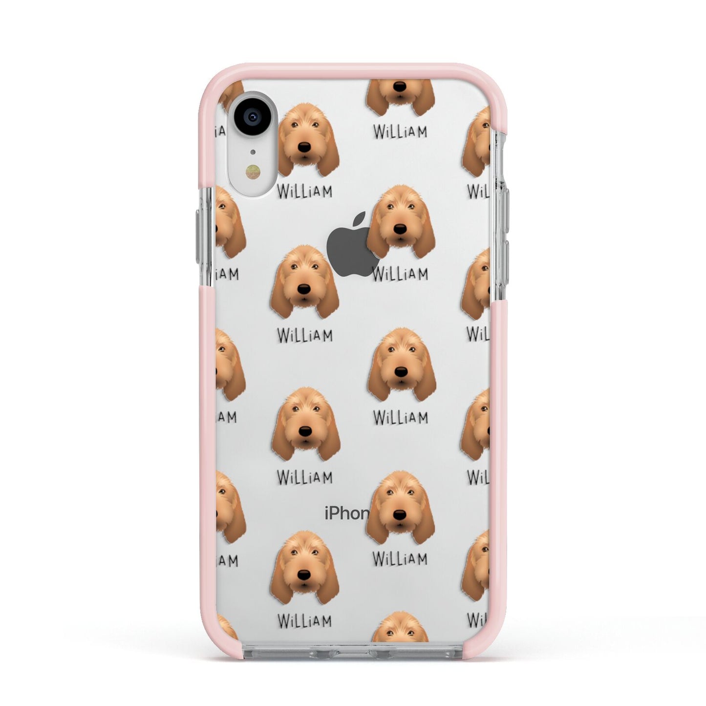 Griffon Fauve De Bretagne Icon with Name Apple iPhone XR Impact Case Pink Edge on Silver Phone