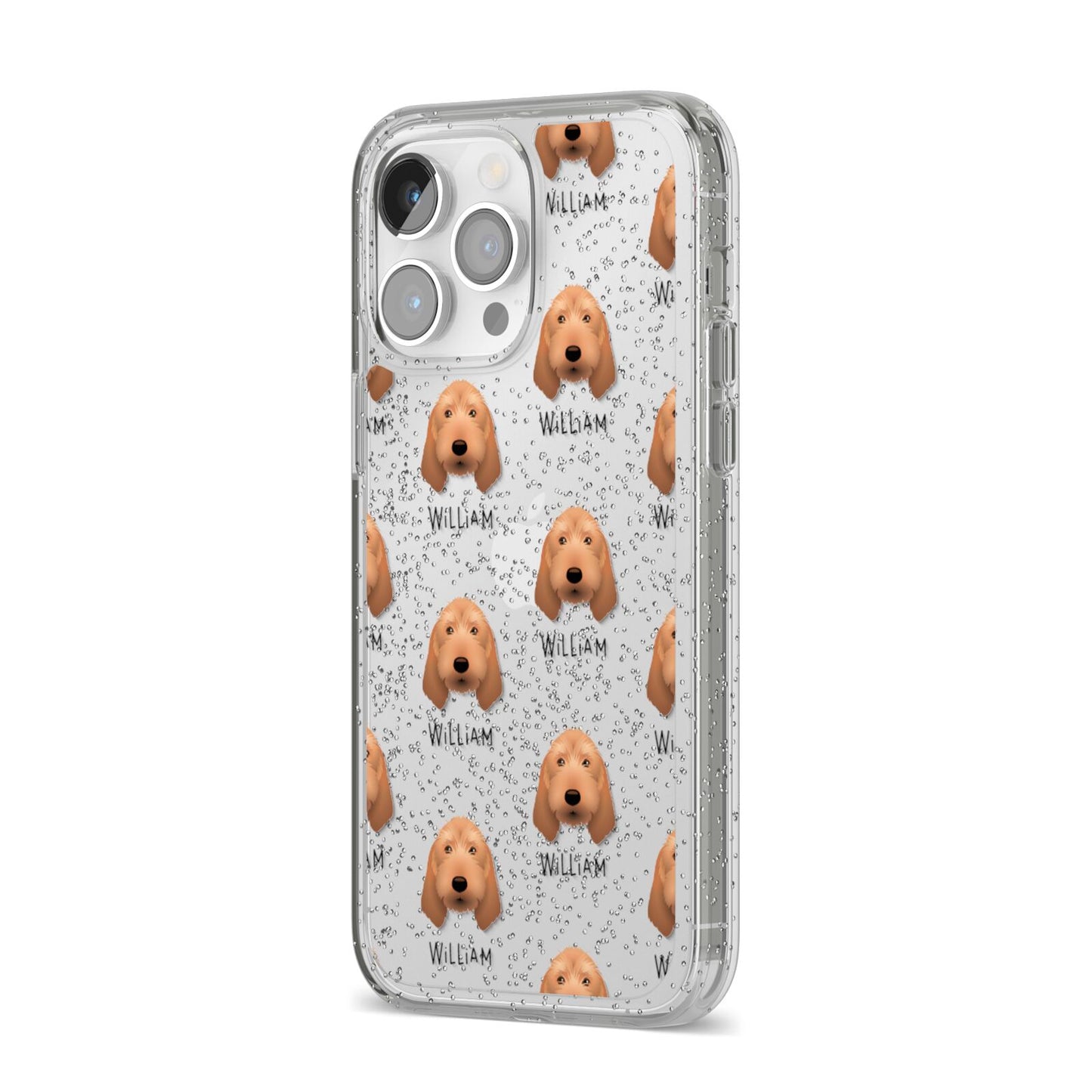 Griffon Fauve De Bretagne Icon with Name iPhone 14 Pro Max Glitter Tough Case Silver Angled Image