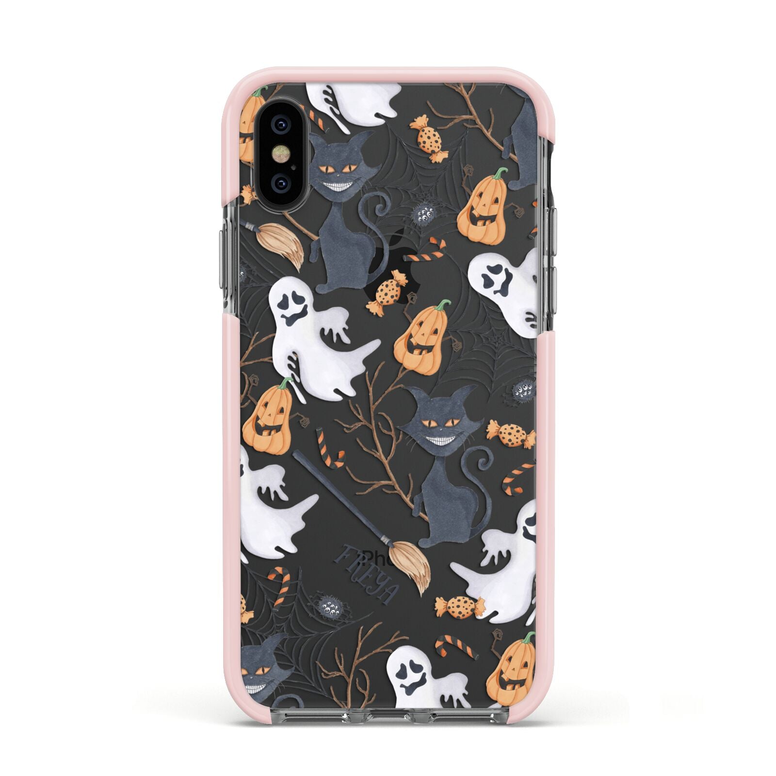 Grinning Cat Halloween Apple iPhone Xs Impact Case Pink Edge on Black Phone