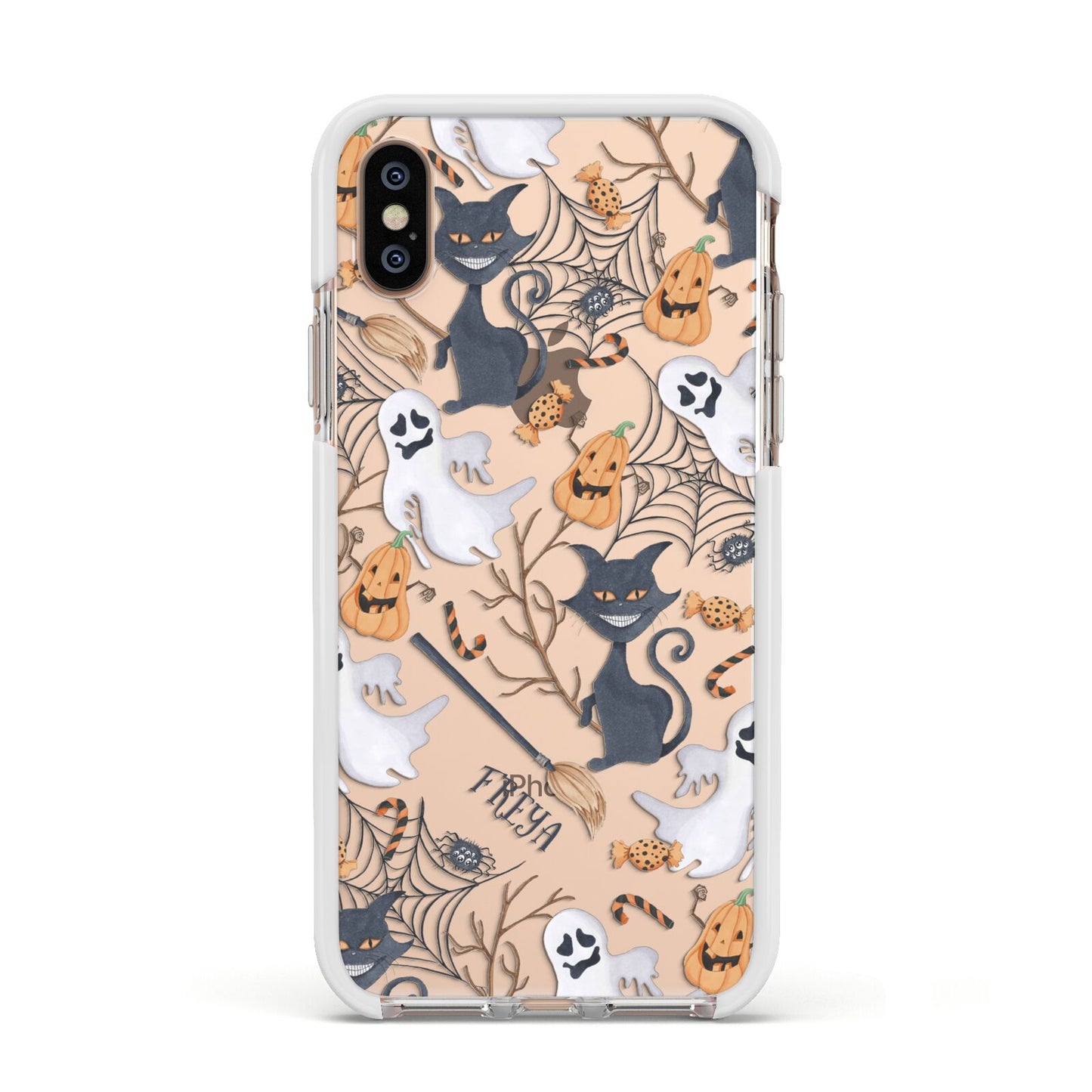 Grinning Cat Halloween Apple iPhone Xs Impact Case White Edge on Gold Phone