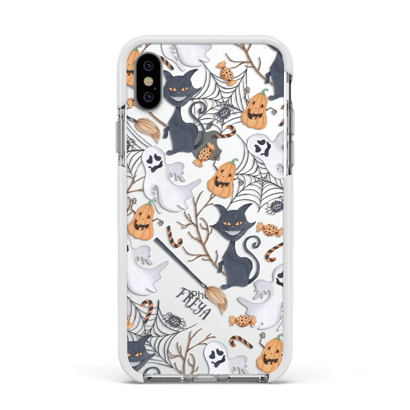 Grinning Cat Halloween Apple iPhone Xs Impact Case White Edge on Silver Phone