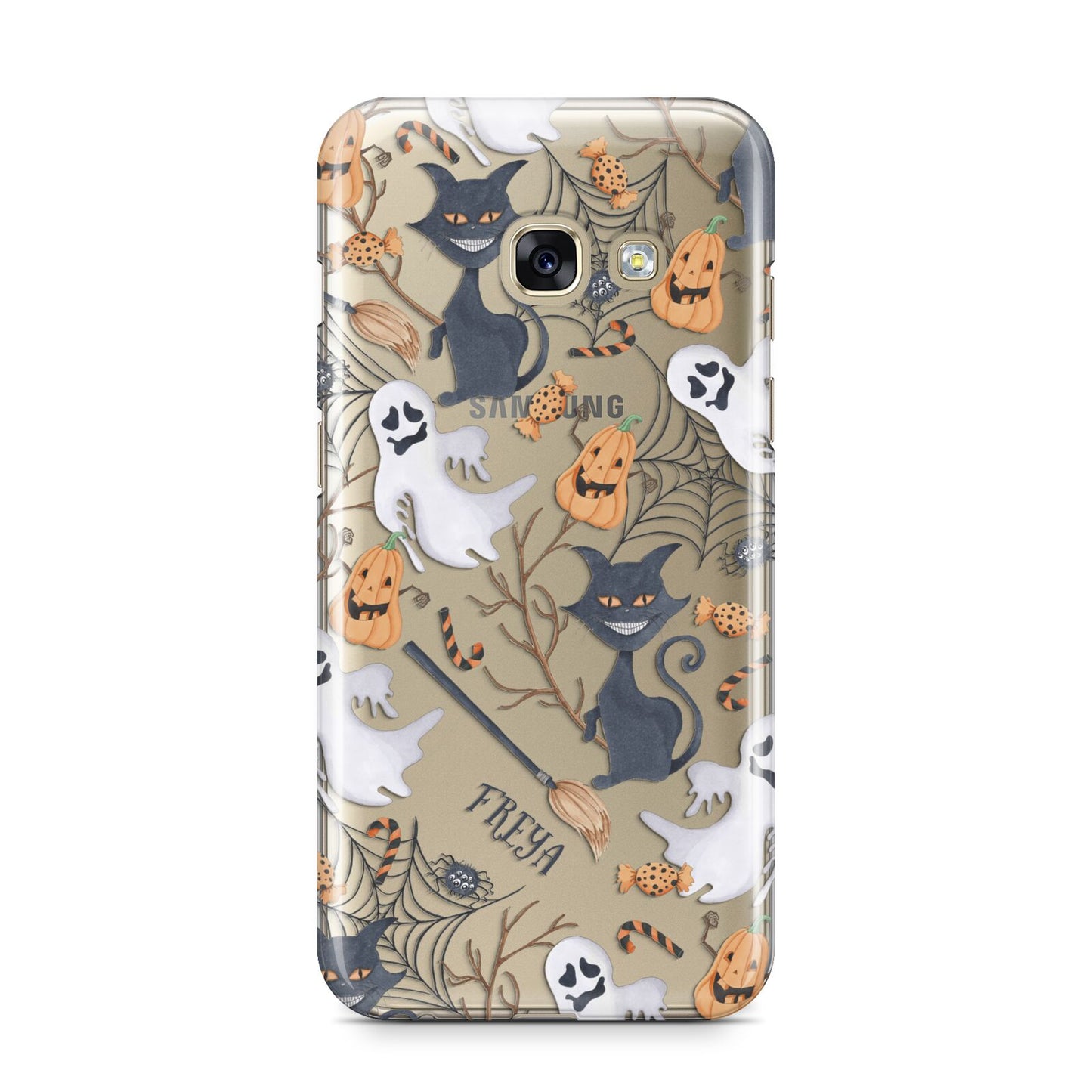 Grinning Cat Halloween Samsung Galaxy A3 2017 Case on gold phone