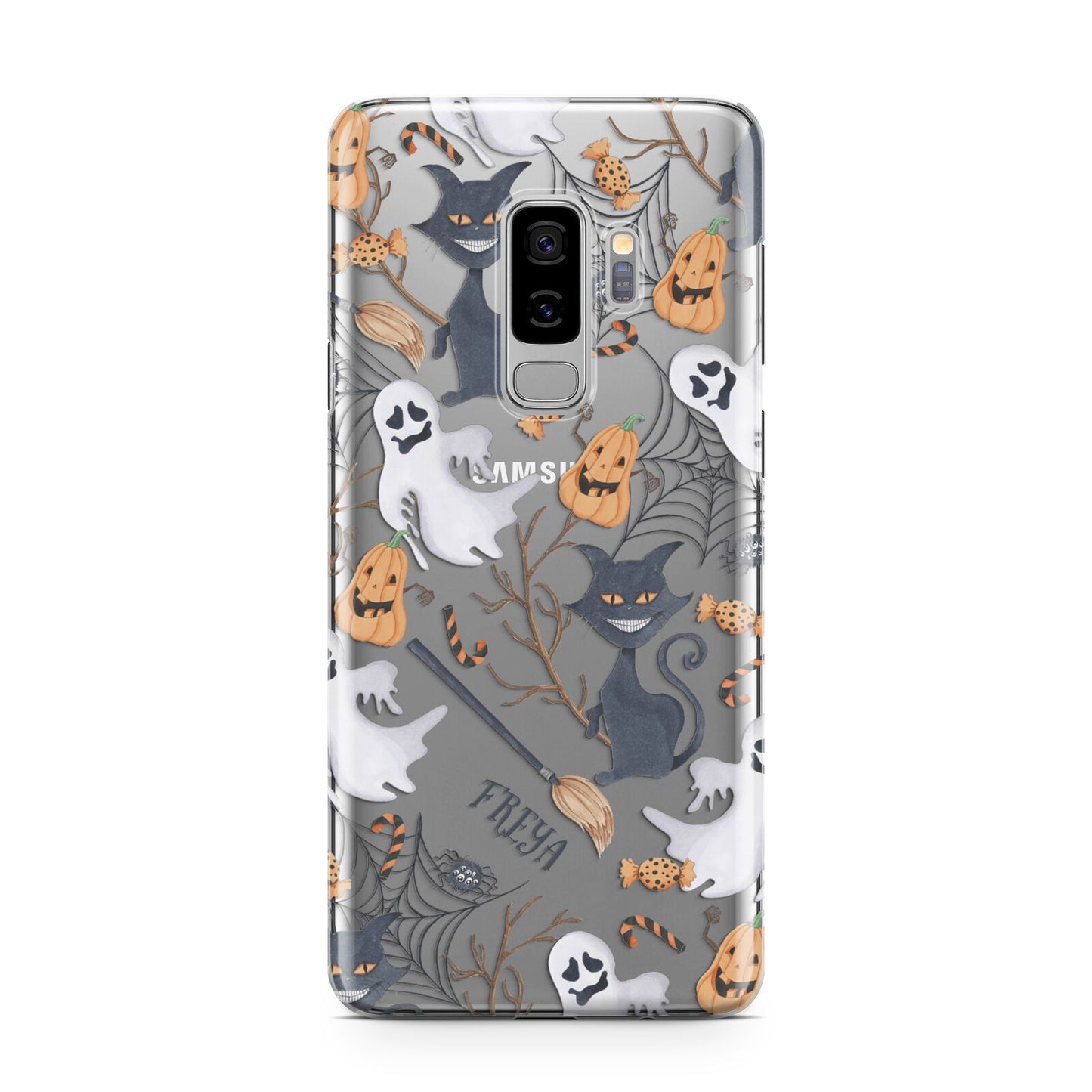 Grinning Cat Halloween Samsung Galaxy S9 Plus Case on Silver phone