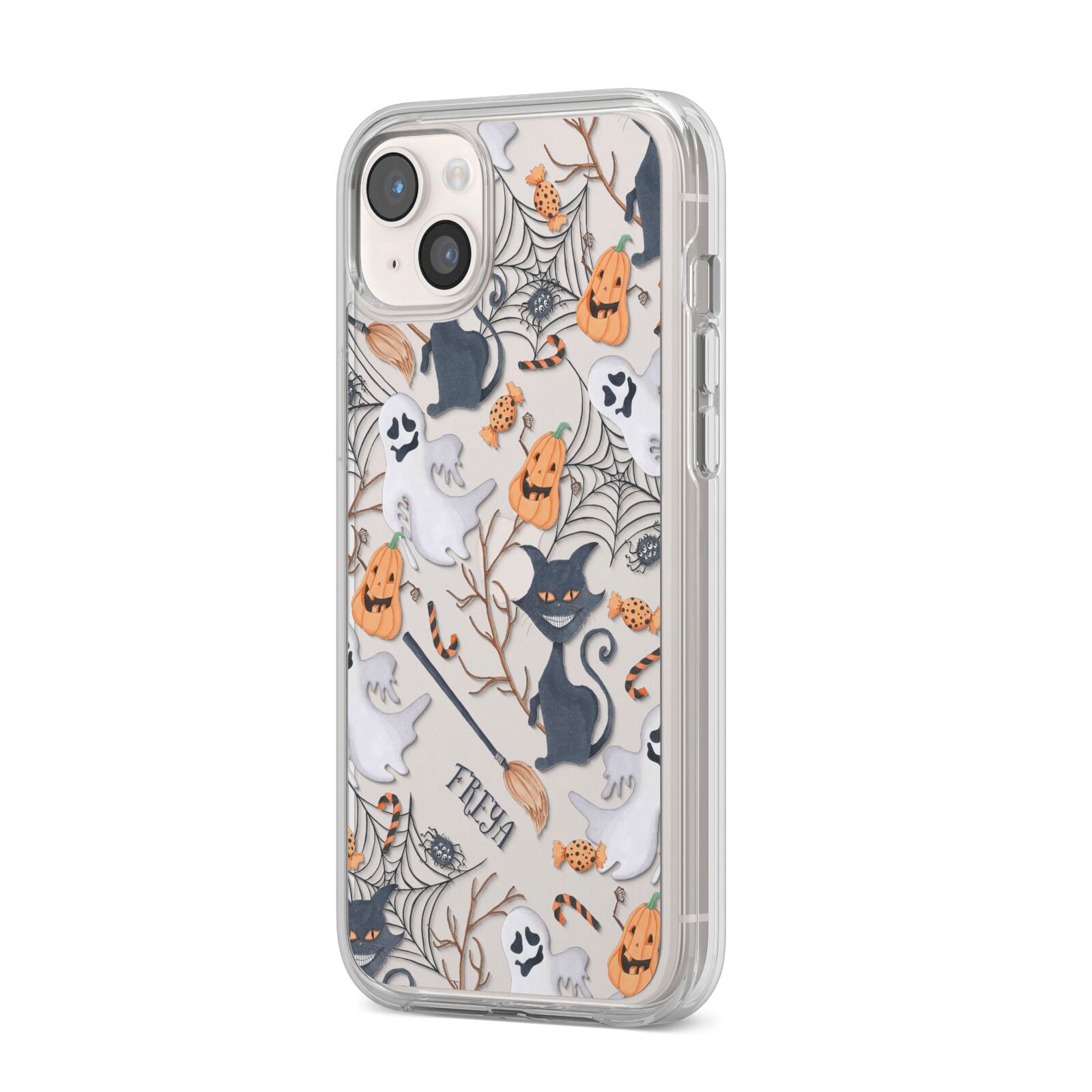 Grinning Cat Halloween iPhone 14 Plus Clear Tough Case Starlight Angled Image