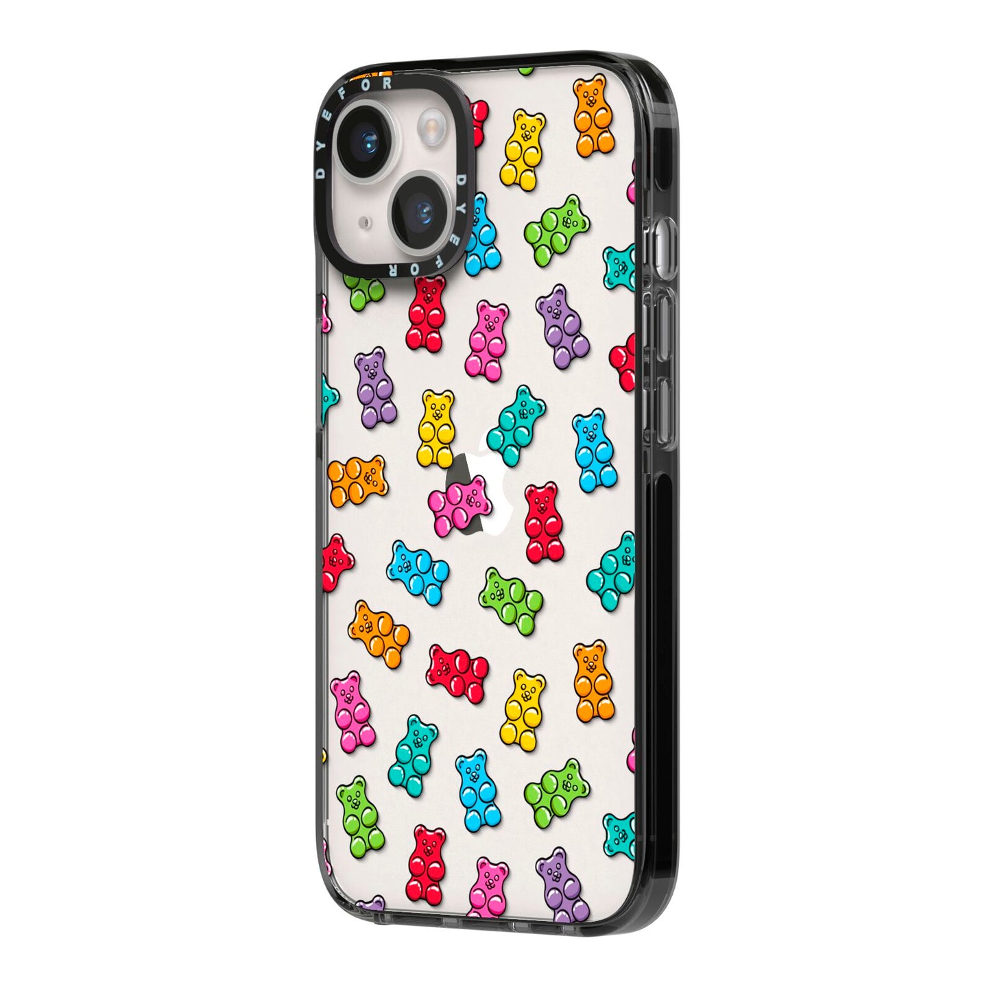 Gummy Bear iPhone 14 Black Impact Case Side Angle on Silver phone