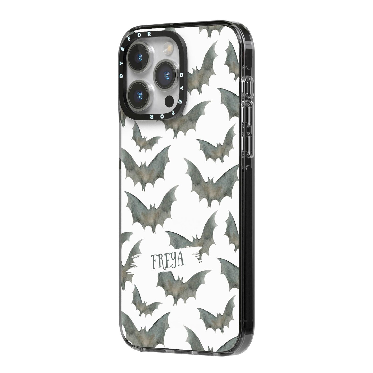 Halloween Bat Cloud iPhone 14 Pro Max Black Impact Case Side Angle on Silver phone