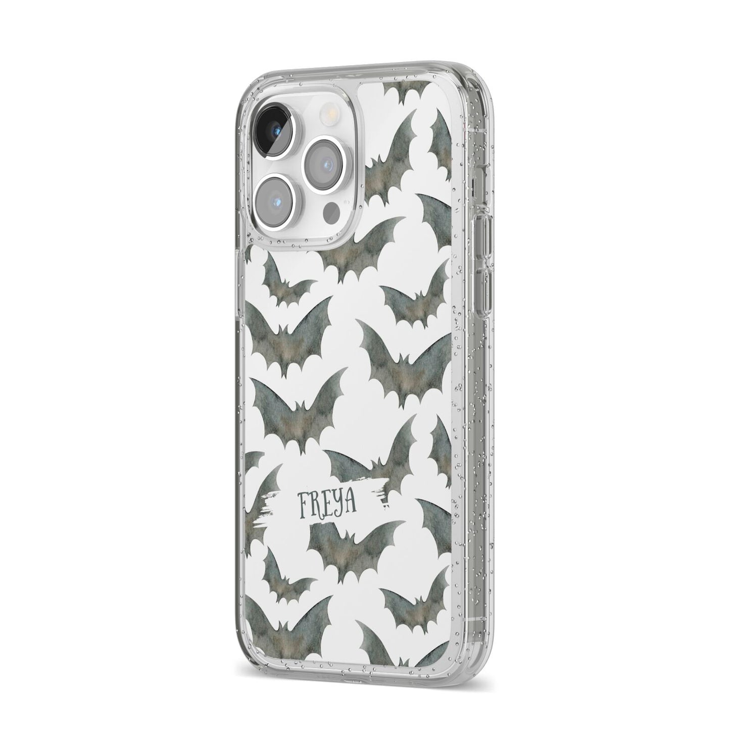 Halloween Bat Cloud iPhone 14 Pro Max Glitter Tough Case Silver Angled Image