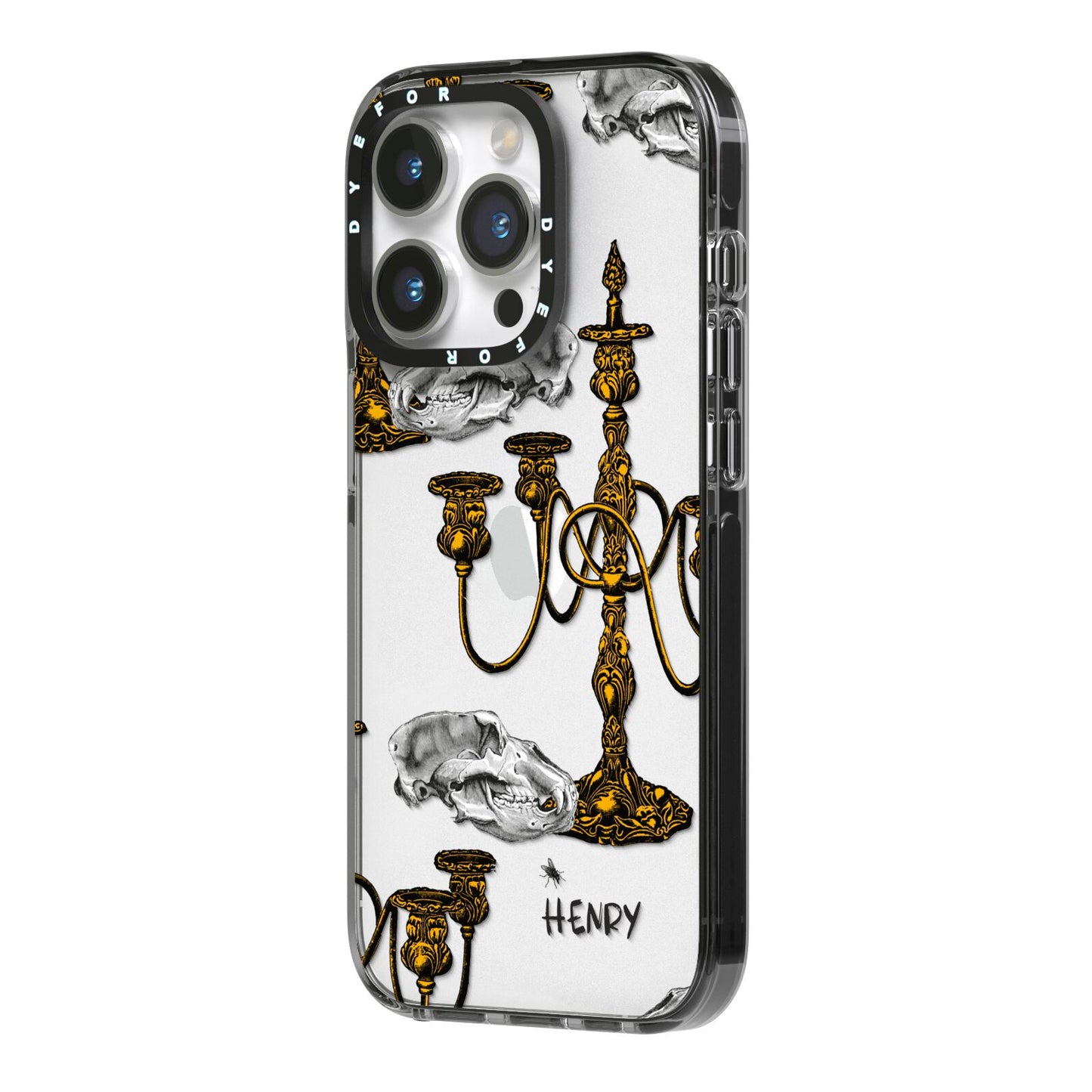 Halloween Candelabra Custom iPhone 14 Pro Black Impact Case Side Angle on Silver phone