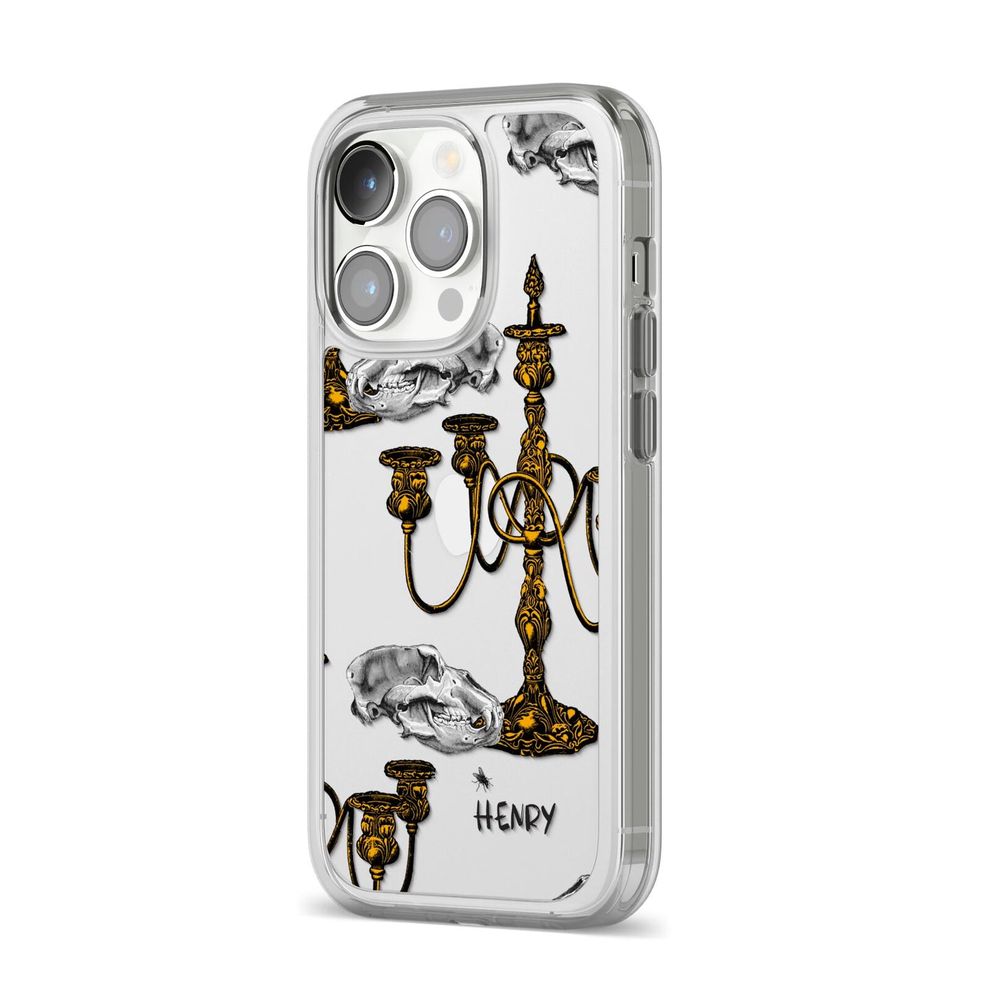 Halloween Candelabra Custom iPhone 14 Pro Clear Tough Case Silver Angled Image