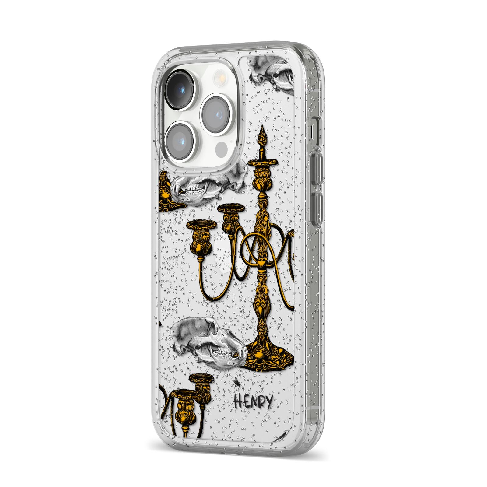 Halloween Candelabra Custom iPhone 14 Pro Glitter Tough Case Silver Angled Image