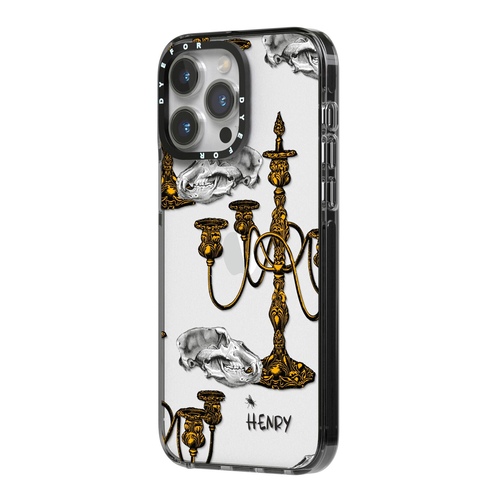 Halloween Candelabra Custom iPhone 14 Pro Max Black Impact Case Side Angle on Silver phone