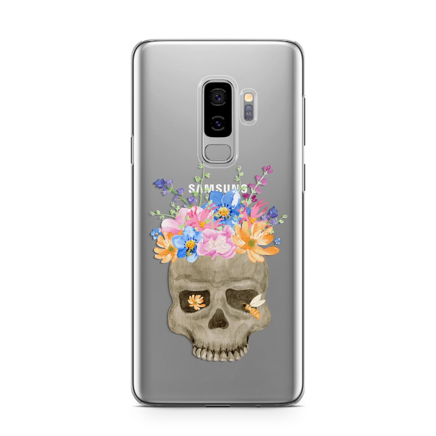 Halloween Flower Skull Samsung Galaxy S9 Plus Case on Silver phone