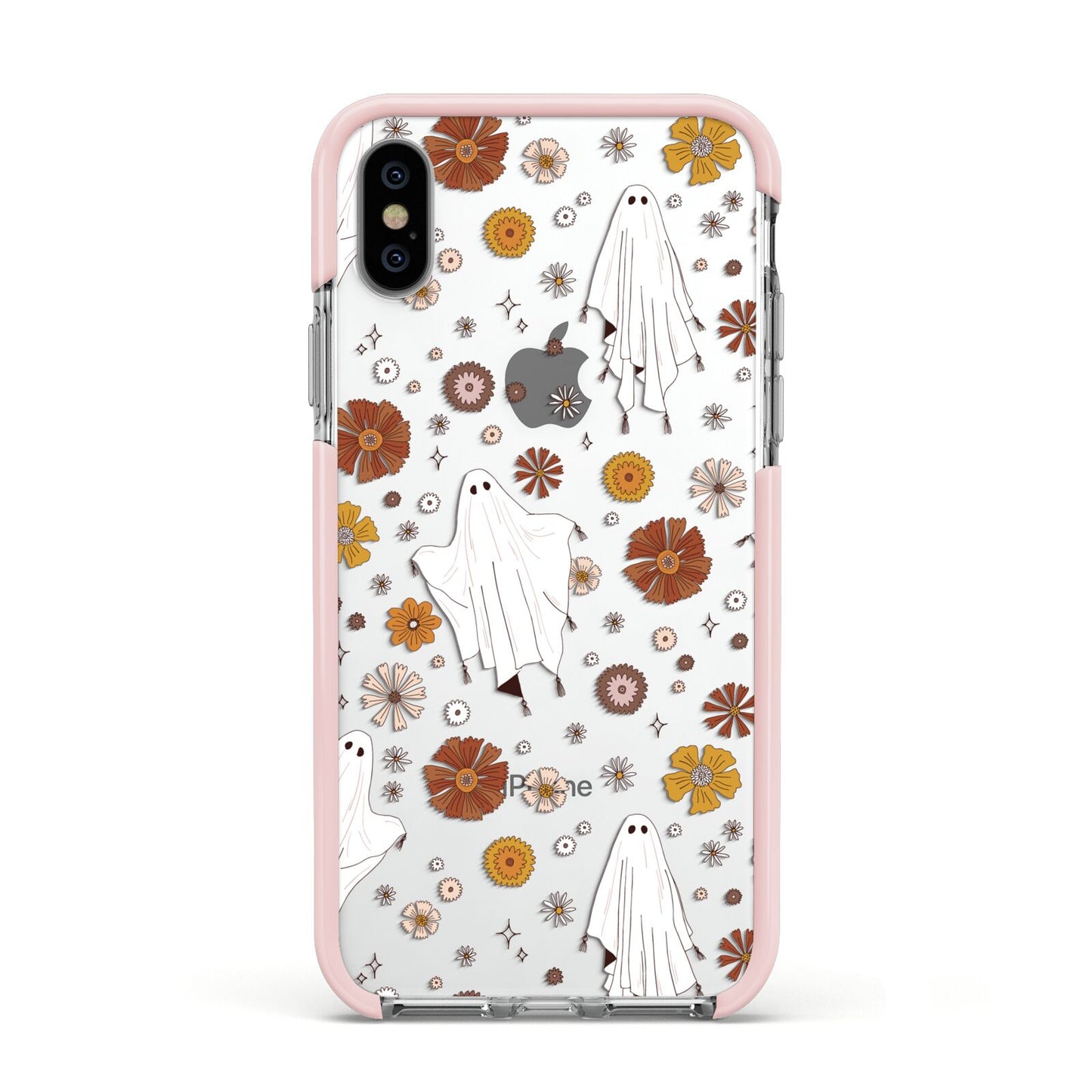 Halloween Ghost Apple iPhone Xs Impact Case Pink Edge on Silver Phone