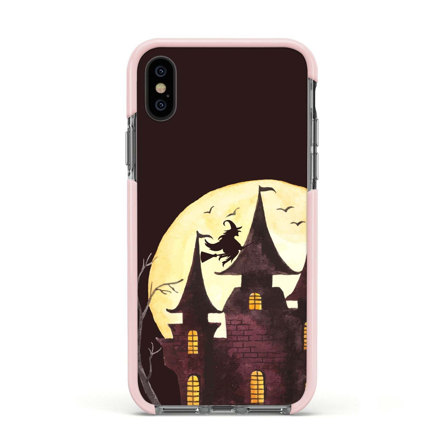 Halloween Haunted House Apple iPhone Xs Impact Case Pink Edge on Black Phone