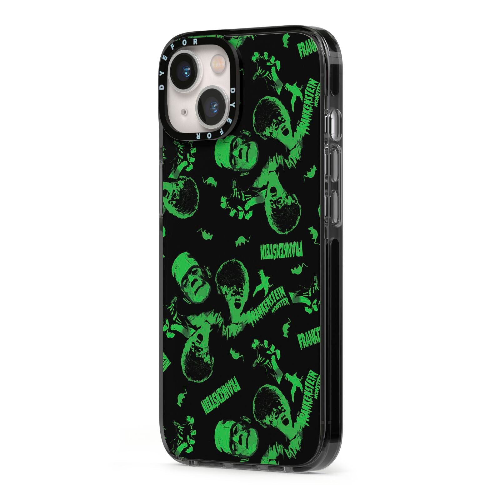 Halloween Monster iPhone 13 Black Impact Case Side Angle on Silver phone