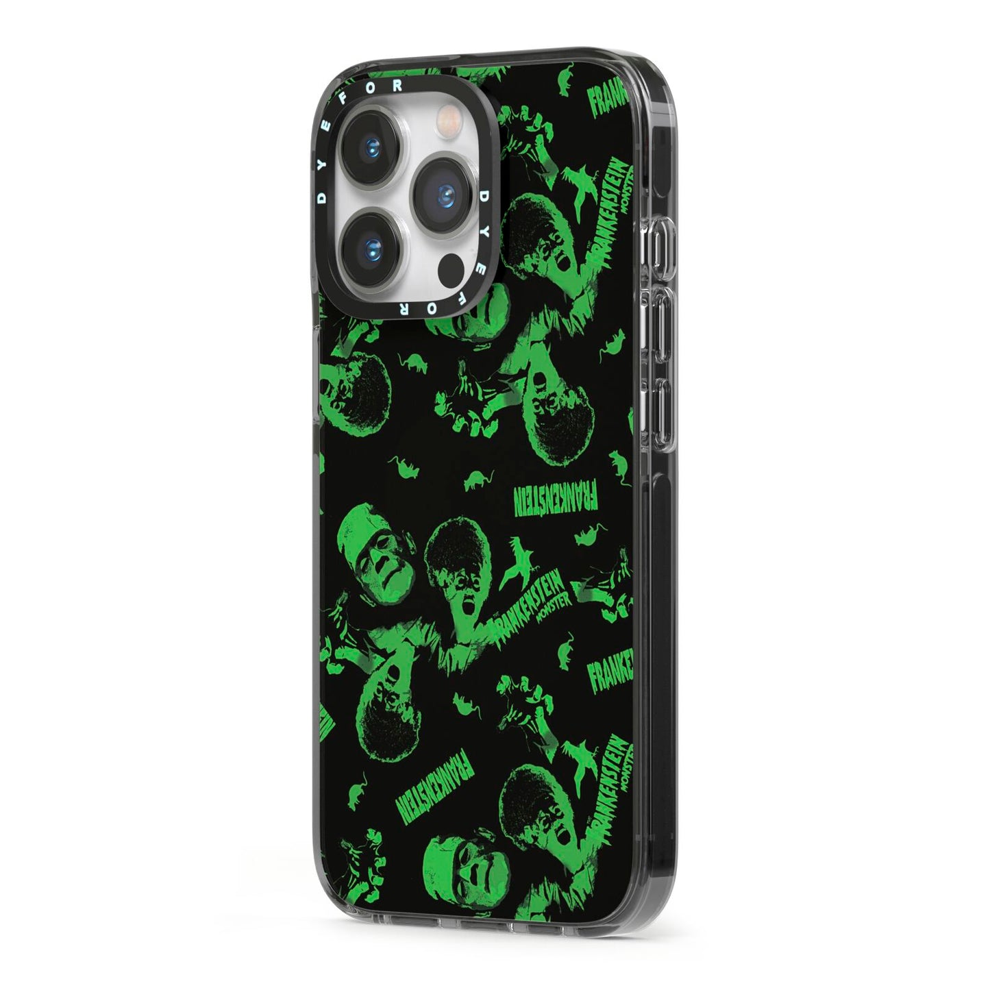 Halloween Monster iPhone 13 Pro Black Impact Case Side Angle on Silver phone