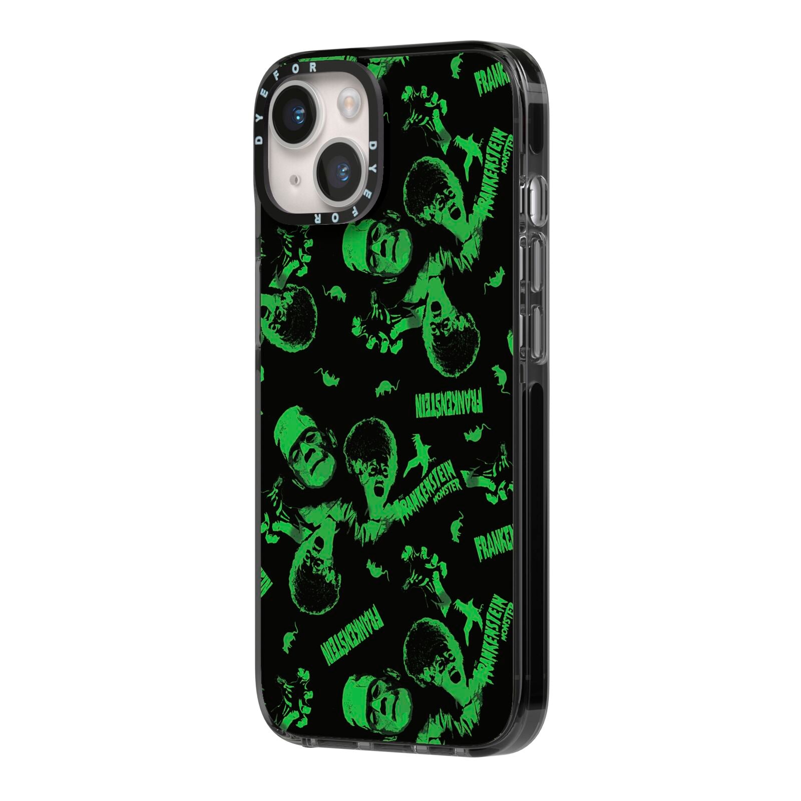 Halloween Monster iPhone 14 Black Impact Case Side Angle on Silver phone