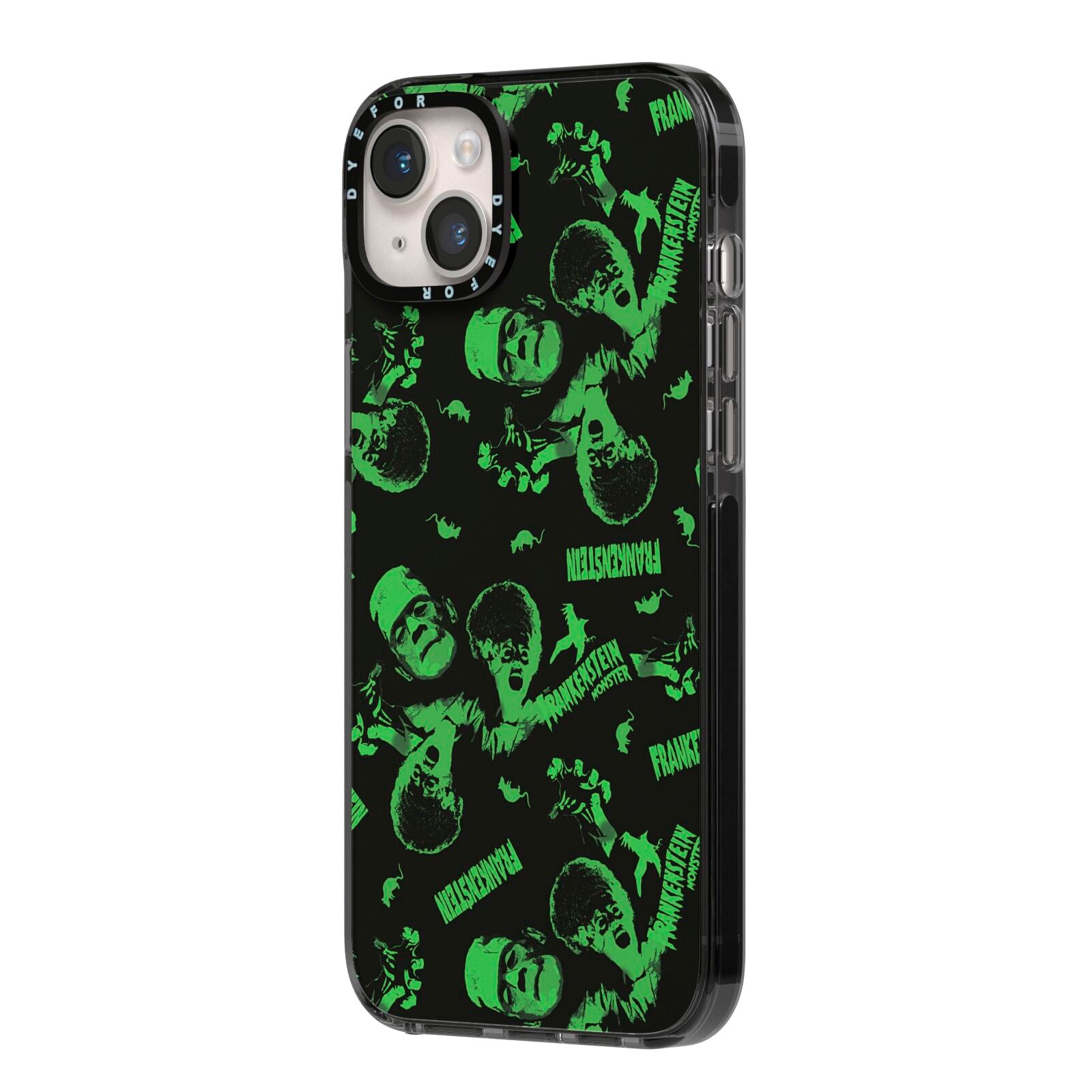 Halloween Monster iPhone 14 Plus Black Impact Case Side Angle on Silver phone