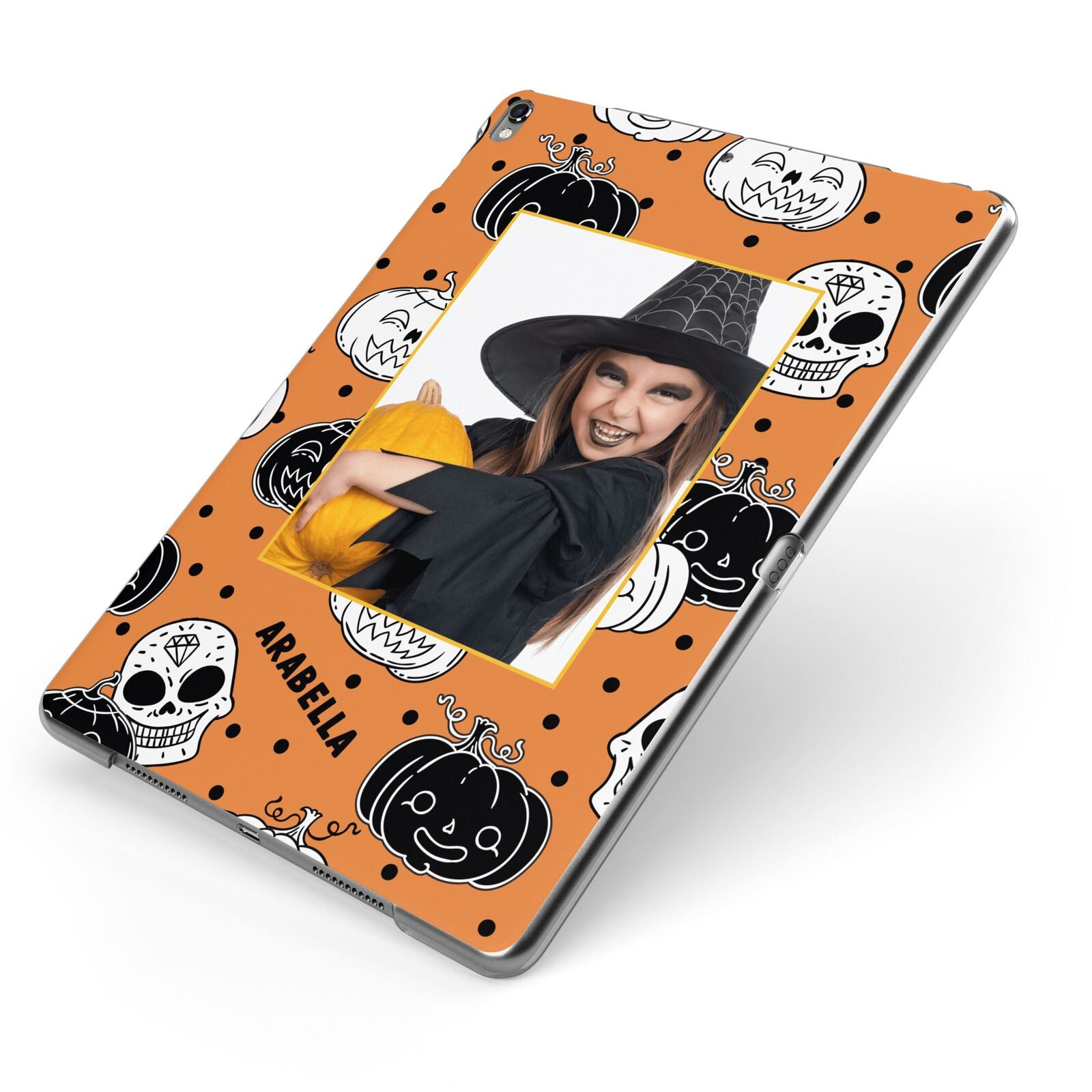 Halloween Pumpkins Photo Upload Apple iPad Case on Grey iPad Side View