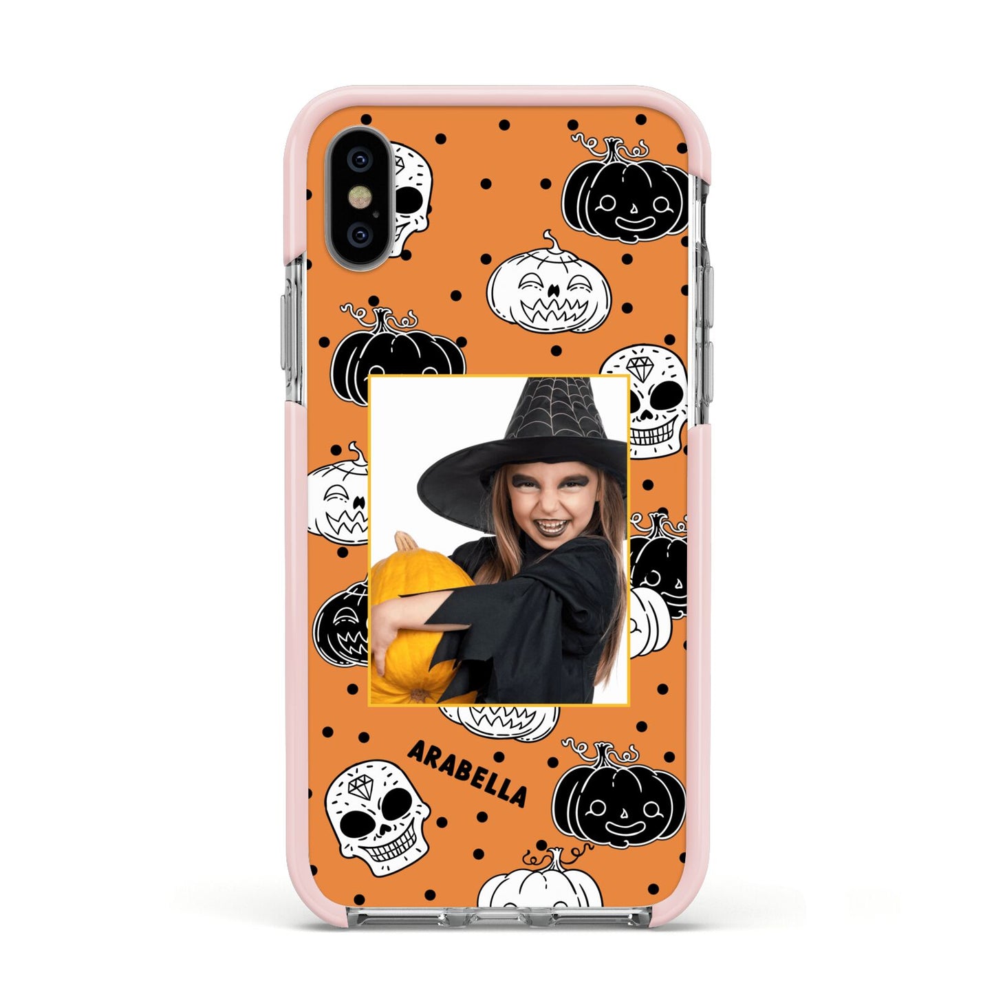 Halloween Pumpkins Photo Upload Apple iPhone Xs Impact Case Pink Edge on Silver Phone