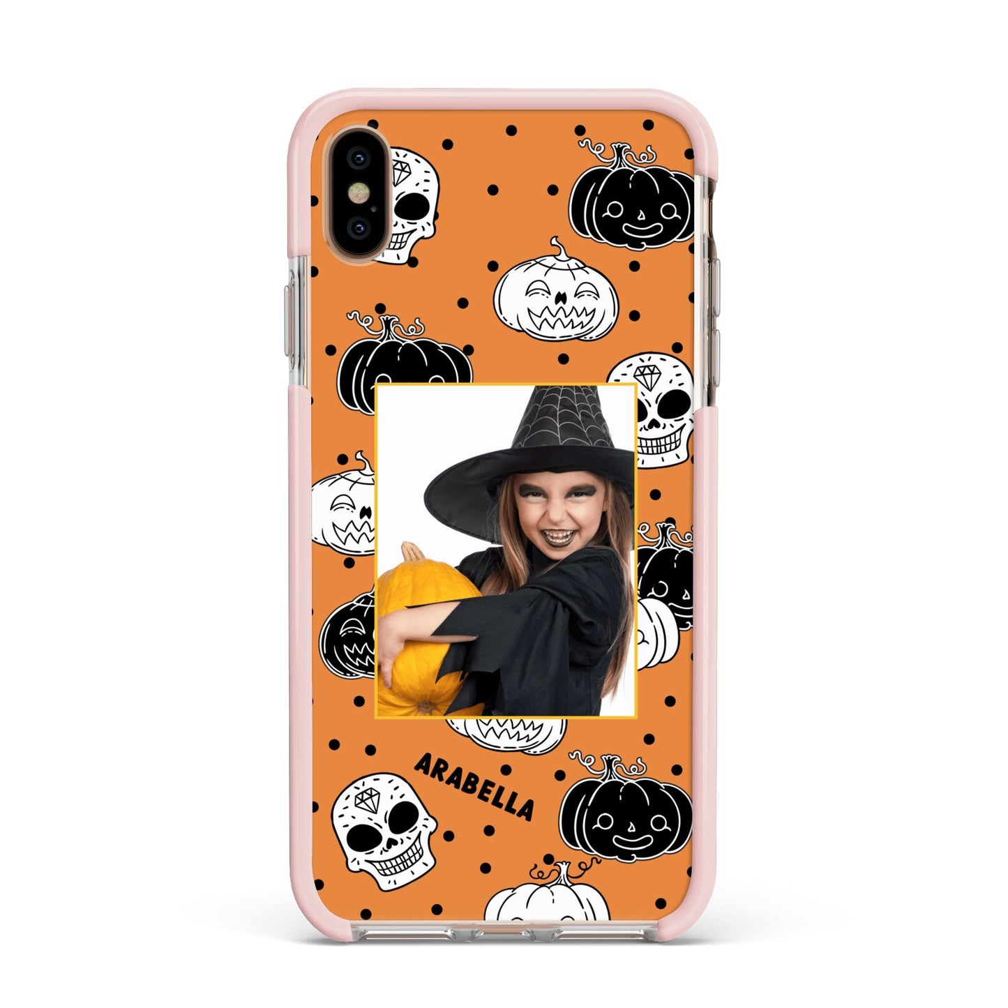 Halloween Pumpkins Photo Upload Apple iPhone Xs Max Impact Case Pink Edge on Gold Phone